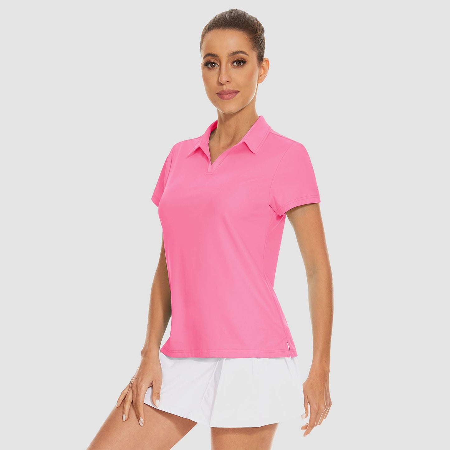Women's golf polo shirt light blue V-neck collar UPF 50+ quick-dry 4-way stretch athletic fit