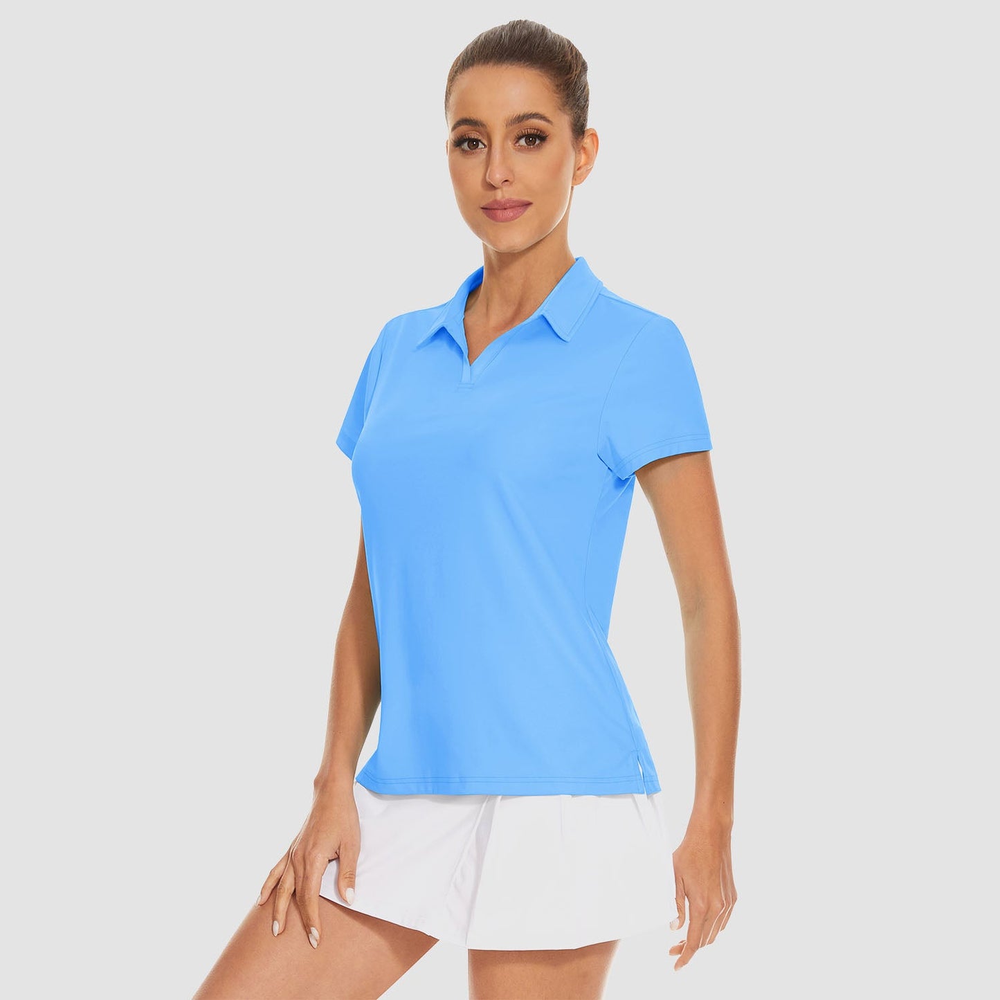 Women's golf polo shirt light blue V-neck collar UPF 50+ quick-dry 4-way stretch athletic fit