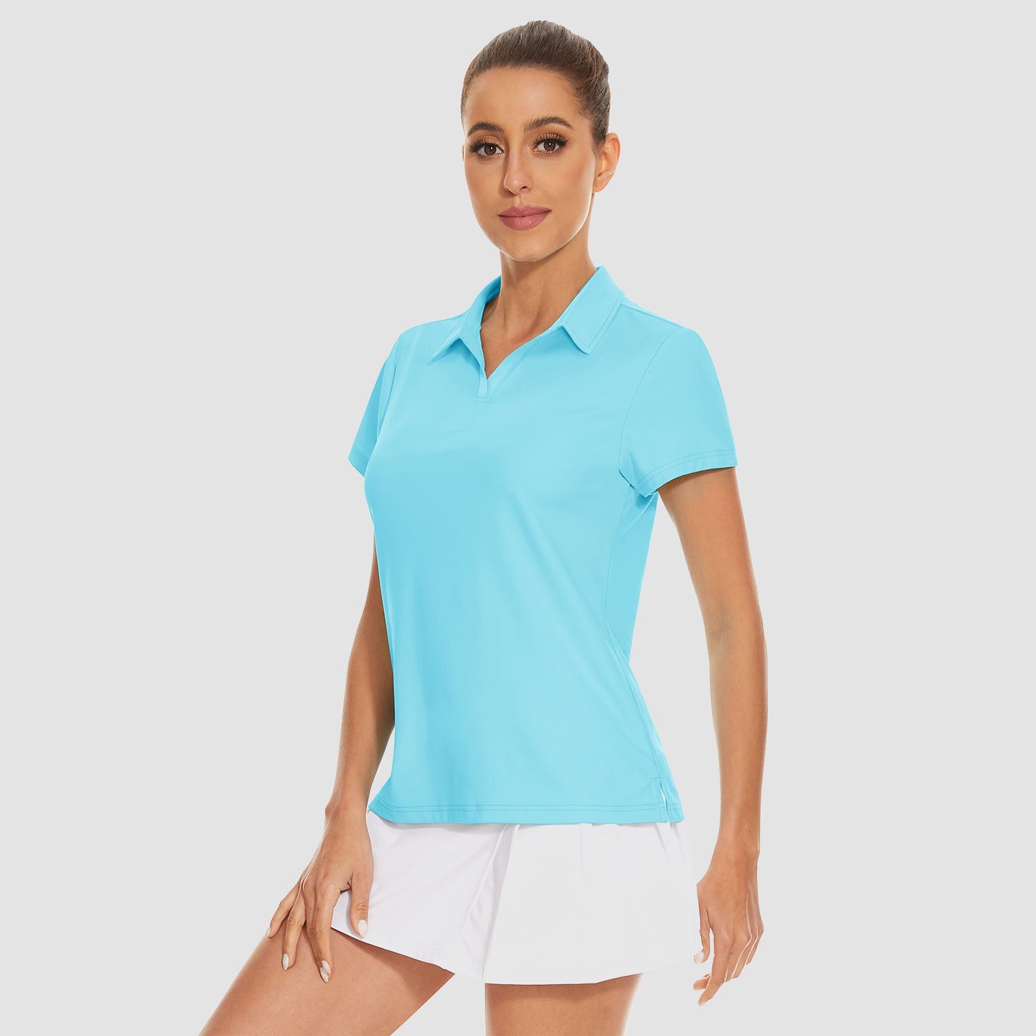Women's golf polo shirt light blue V-neck collar quick-dry UPF 50+ 4-way stretch breathable fabric