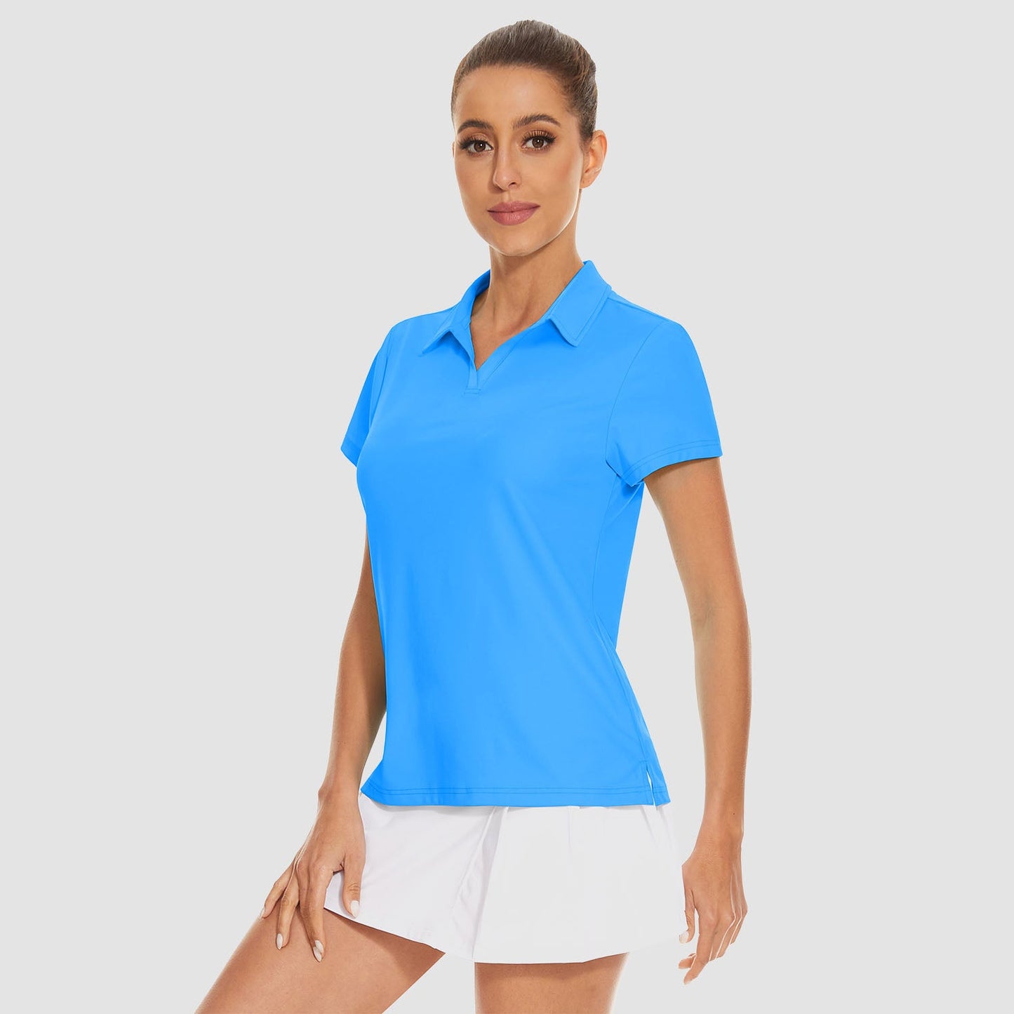 Women's UPF 50+ golf polo shirt light blue V-neck collar quick-dry 4-way stretch breathable fit