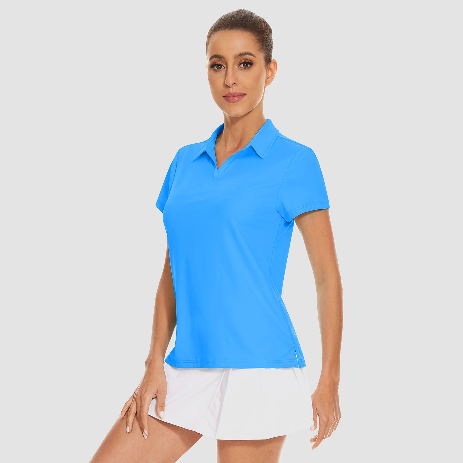 Women's UPF 50+ golf polo shirt light blue V-neck collar quick-dry 4-way stretch breathable fit