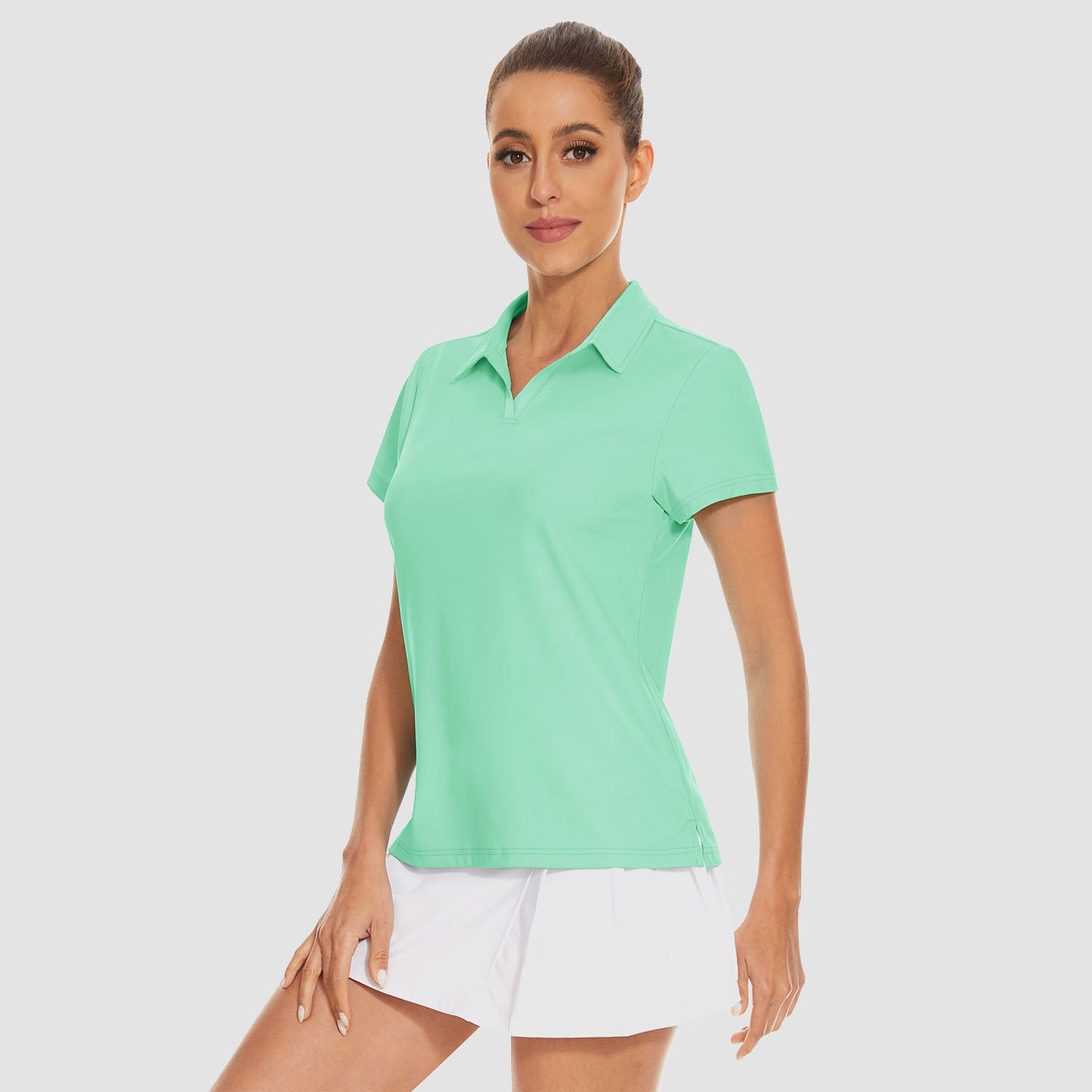 Women's golf polo shirt light blue V-neck collar UPF 50+ quick-dry 4-way stretch athletic fit