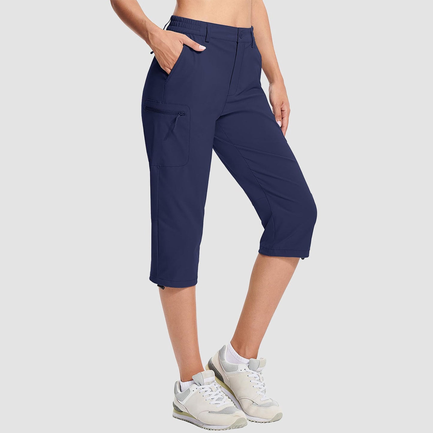 Women's water-resistant hiking capris with 5 pockets, adjustable rope lock, lightweight stretch nylon