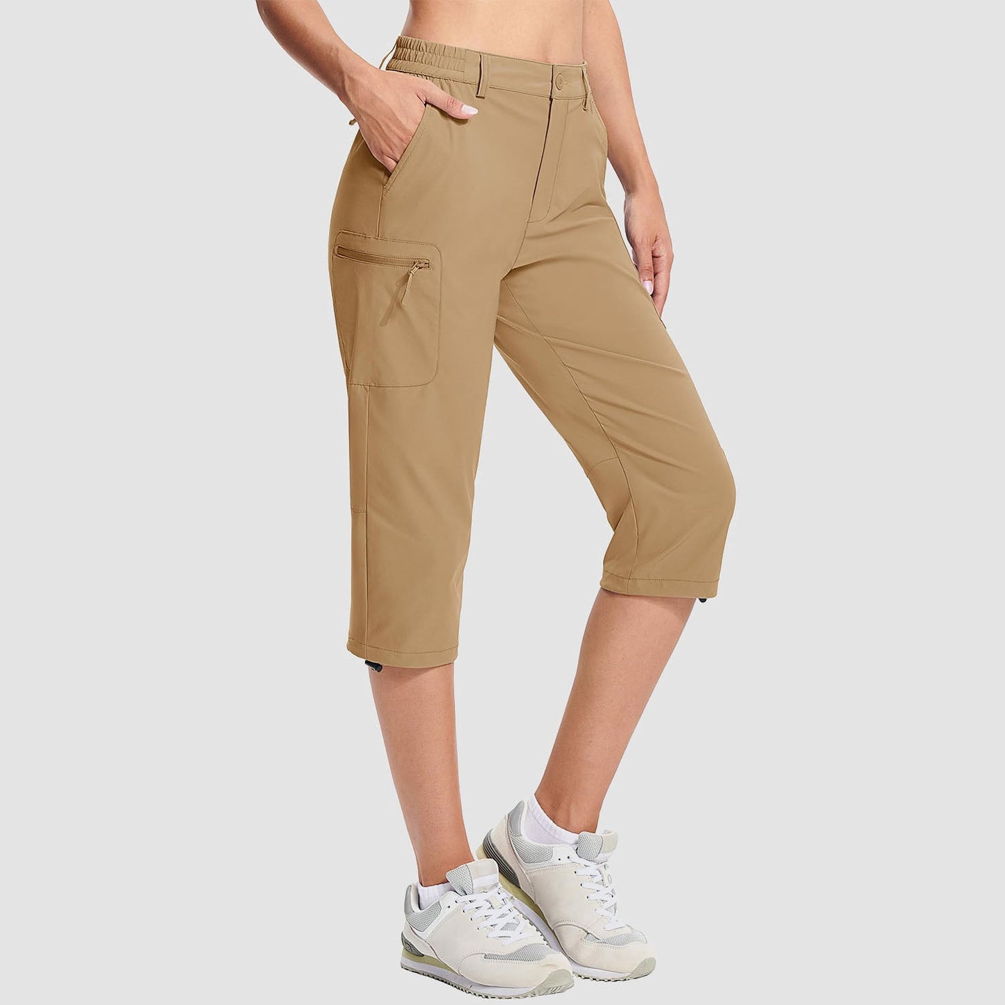 Women's water-resistant hiking capris with 5-pocket design, adjustable rope lock, lightweight stretch nylon
