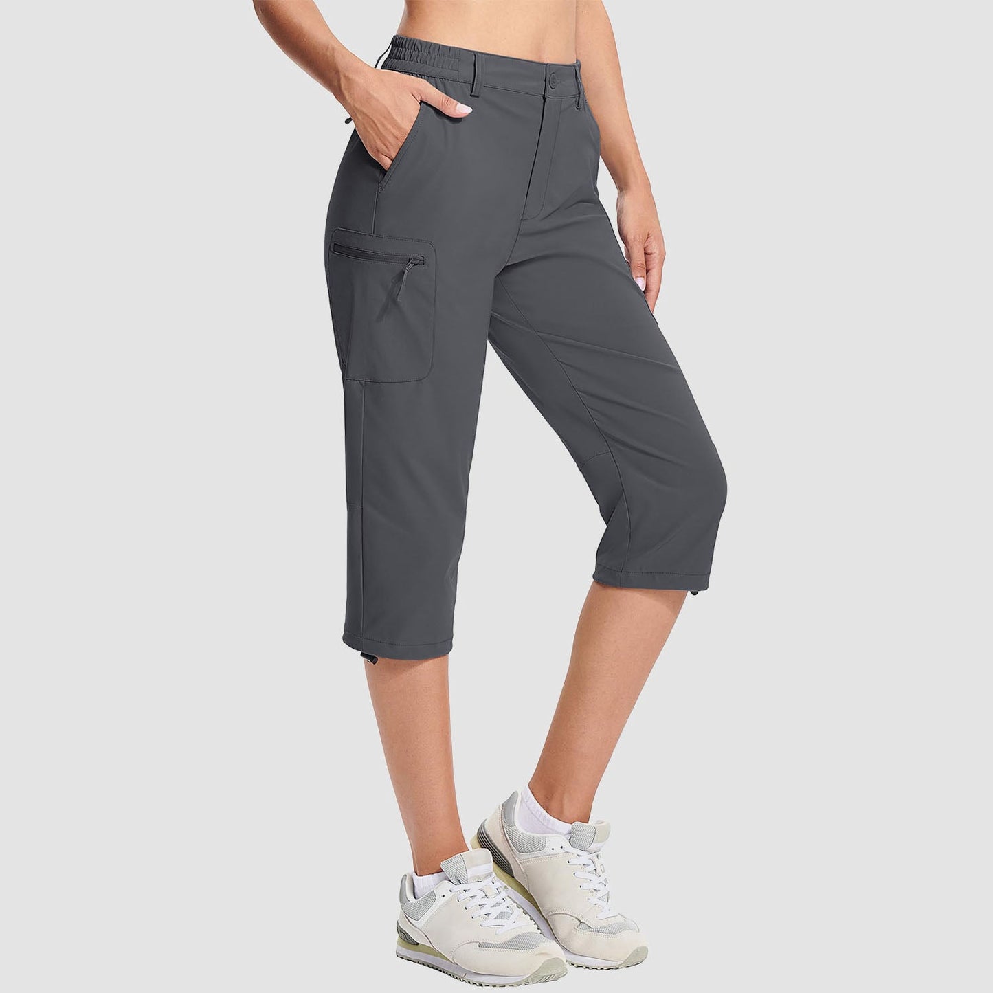 Women's water-resistant hiking capris with 5-pocket design, lightweight stretch nylon, adjustable rope lock