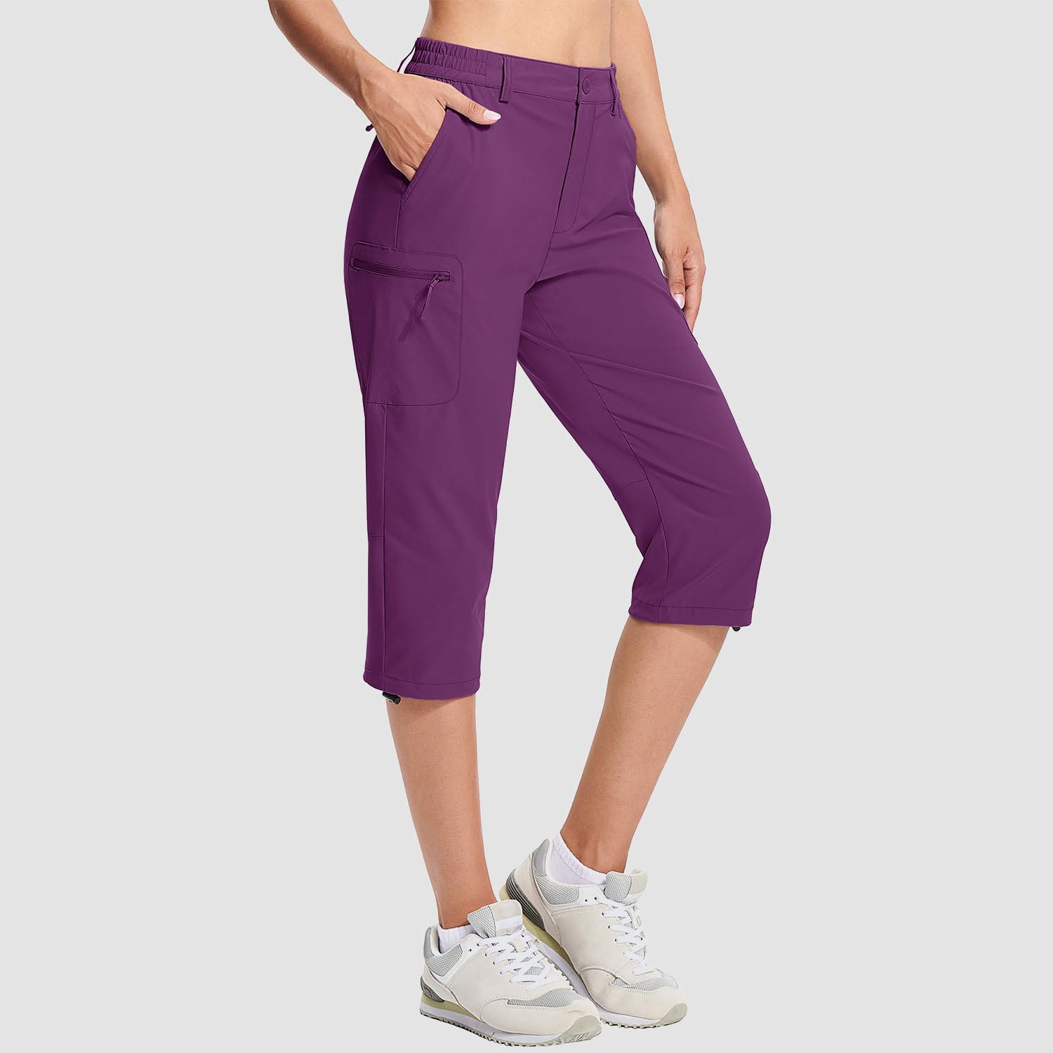 Women's water-resistant hiking capris, lightweight stretch nylon blend with 5-pocket design and adjustable rope lock
