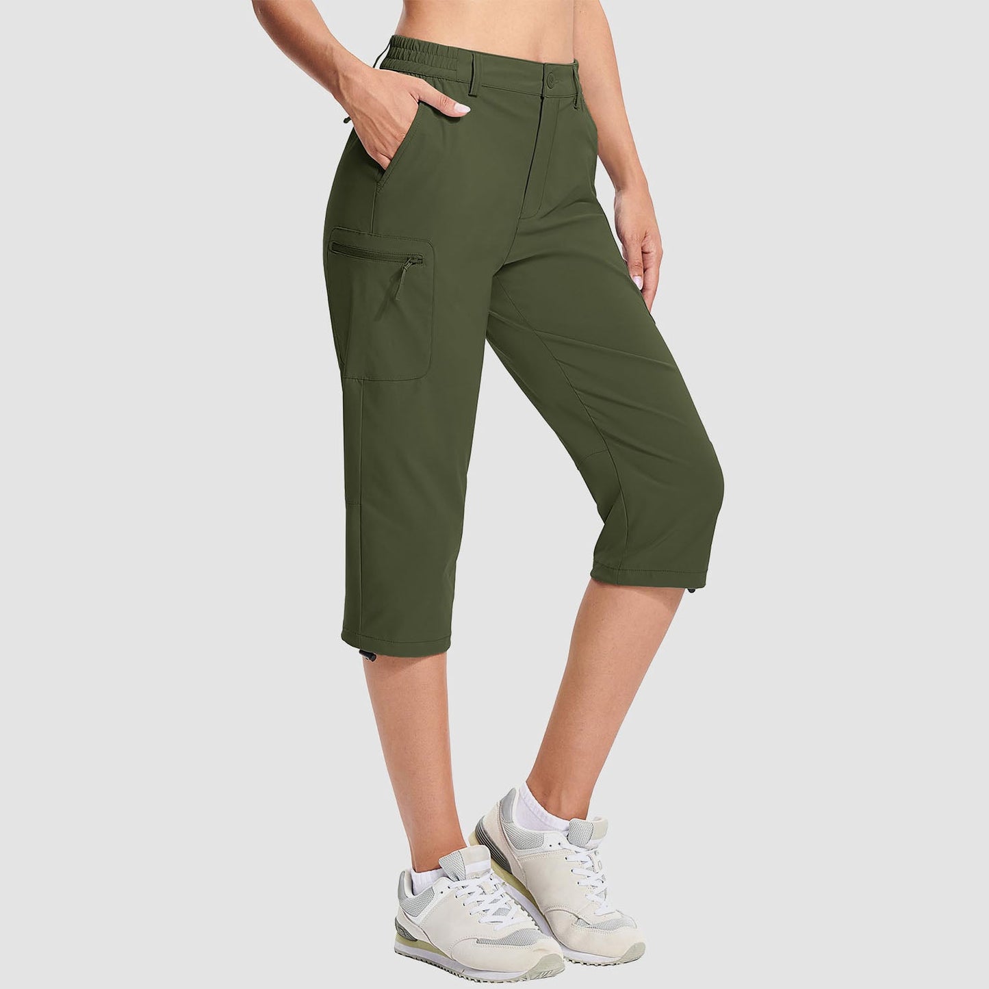 Women's water-resistant hiking capris with 5 pockets, adjustable rope lock, lightweight stretch nylon