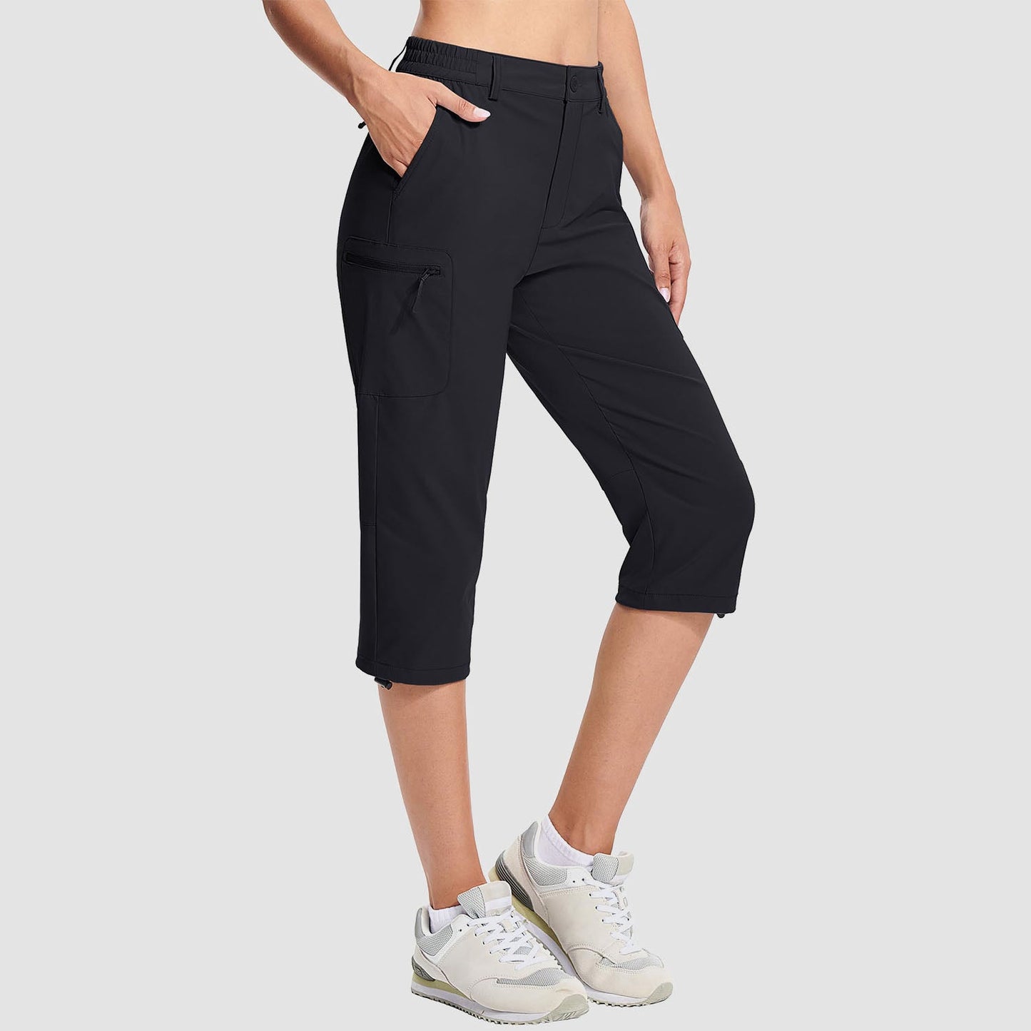 Women's water-resistant hiking capris, lightweight stretch nylon, 5-pocket adjustable rope lock design