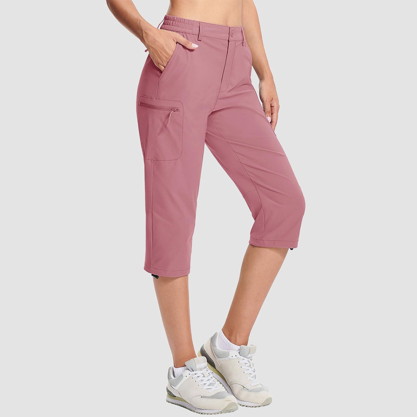 Women's water-resistant hiking capris, lightweight stretch nylon with 5-pocket design and adjustable rope lock