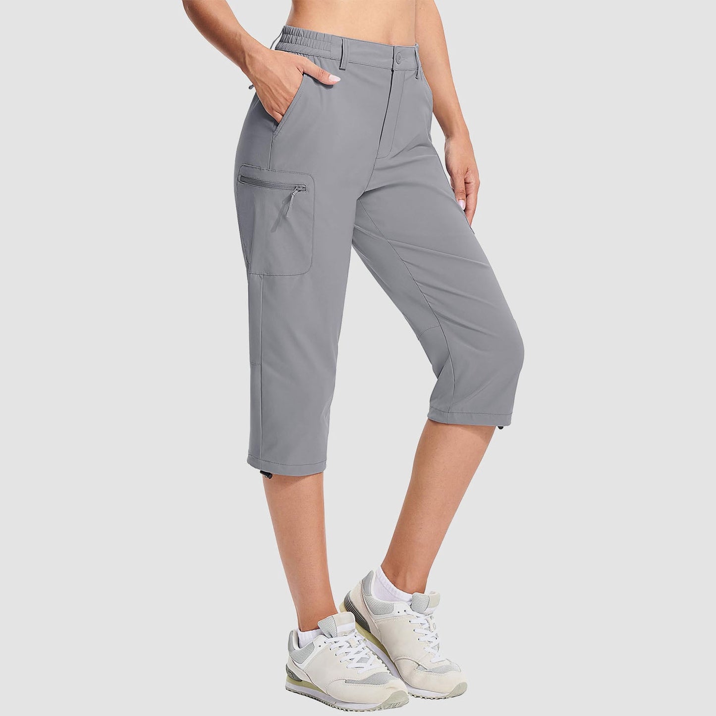 Women's water-resistant hiking capris, lightweight stretch nylon, 5-pocket design with adjustable rope lock