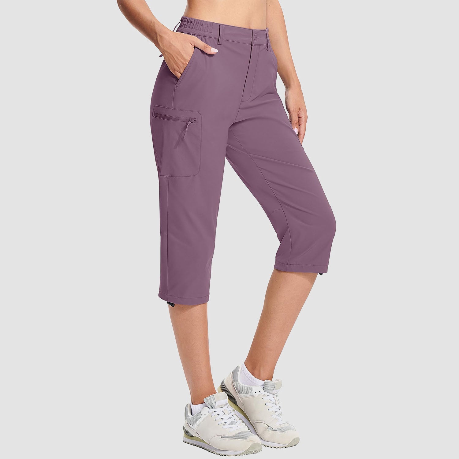 Women's water-resistant hiking capris, lightweight stretch nylon with 5-pocket design and adjustable rope lock