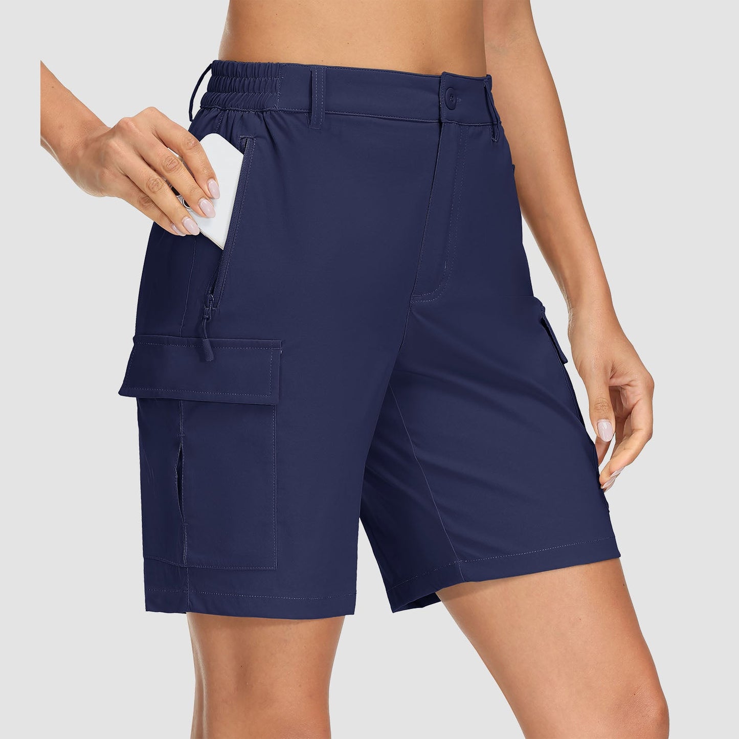 Women's khaki ripstop cargo shorts quick-dry 5-pocket design for hiking and travel