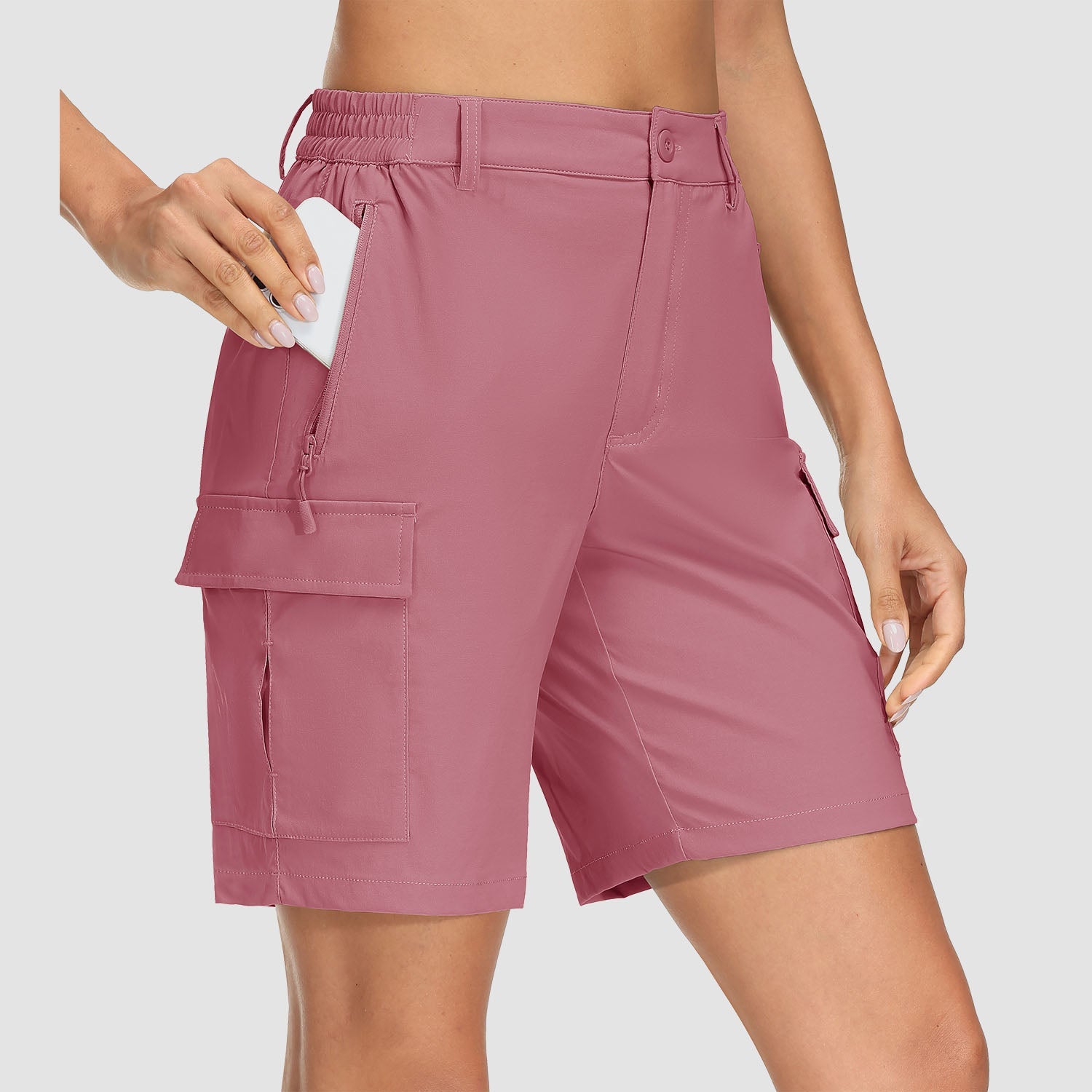 Women's khaki ripstop cargo shorts quick-dry 5-pocket design for hiking and travel