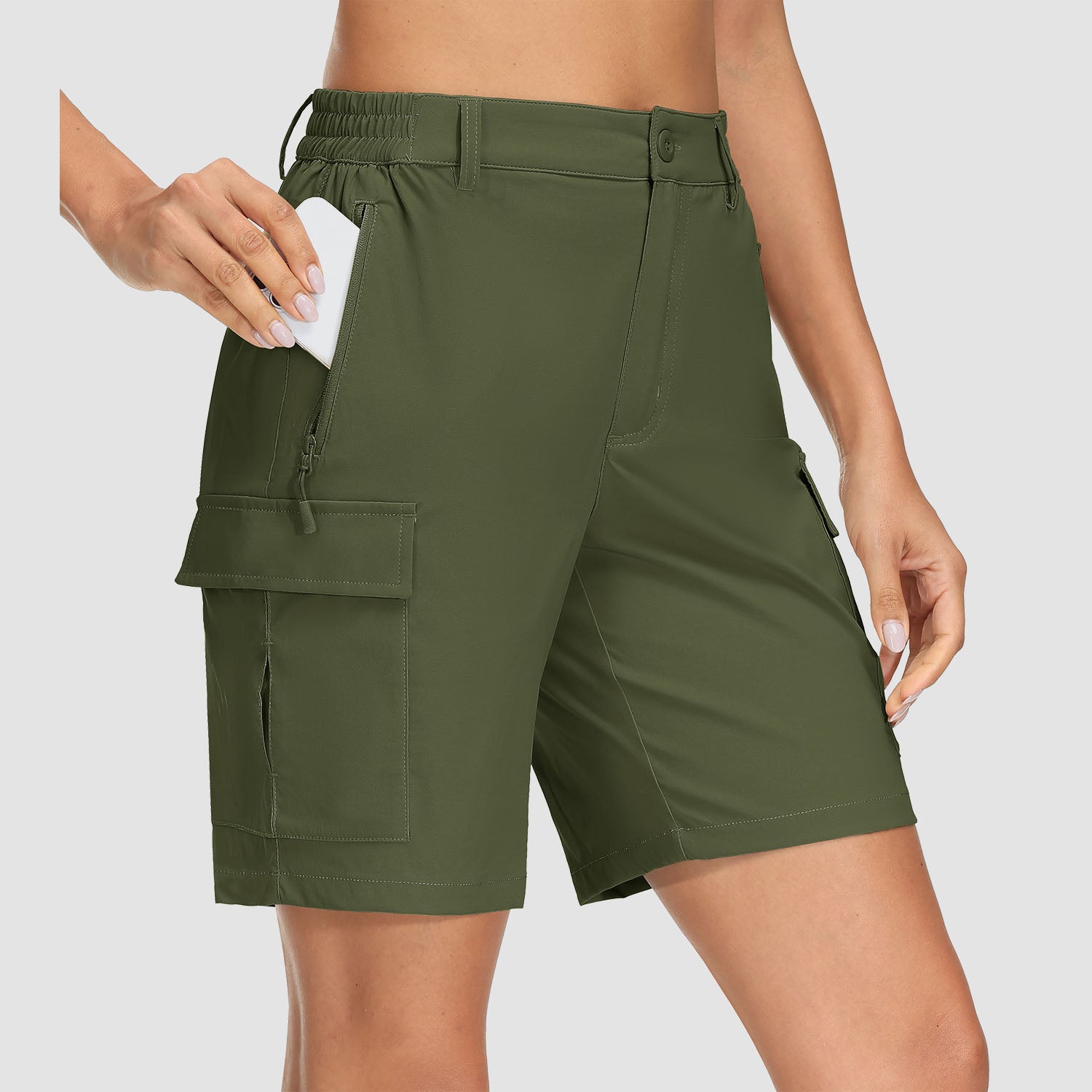 Women's khaki ripstop cargo shorts quick-dry 5-pocket design for hiking and travel adventures