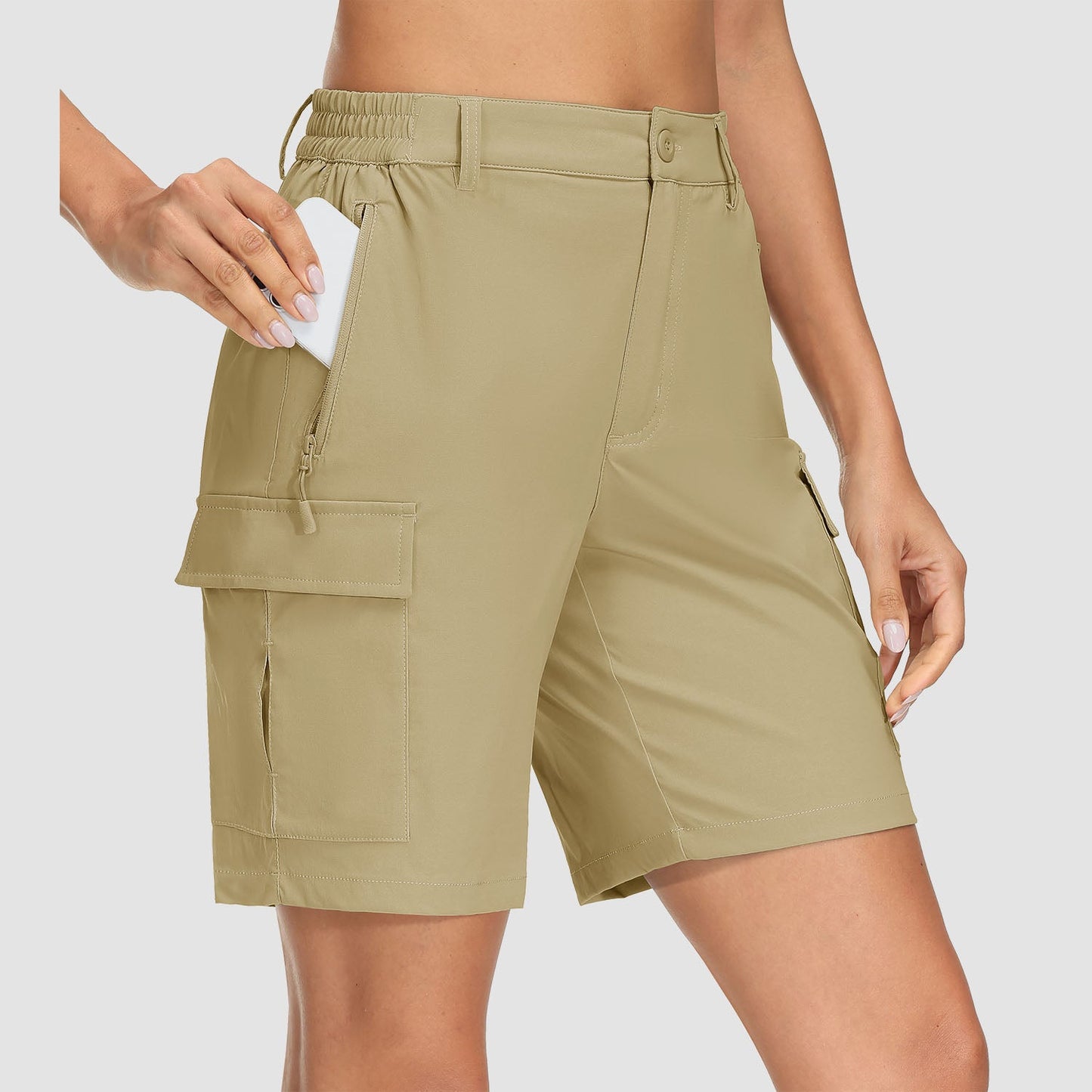 Women's khaki ripstop cargo shorts quick-dry 5-pocket design for hiking and travel