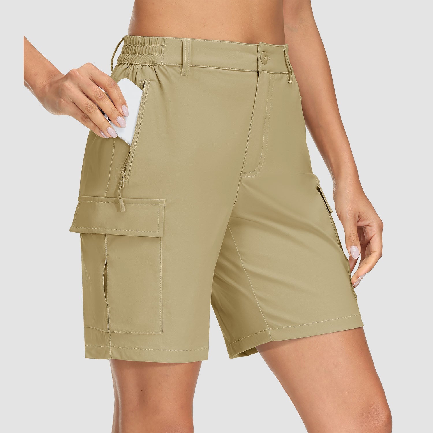 Women's khaki ripstop cargo shorts quick-dry 5-pocket design for hiking and travel