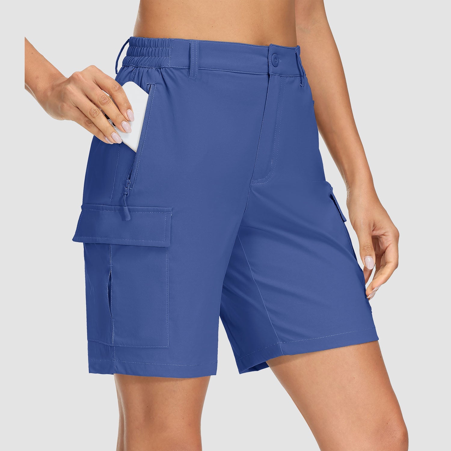 Women's khaki ripstop cargo shorts quick-dry 5-pocket design for hiking and travel