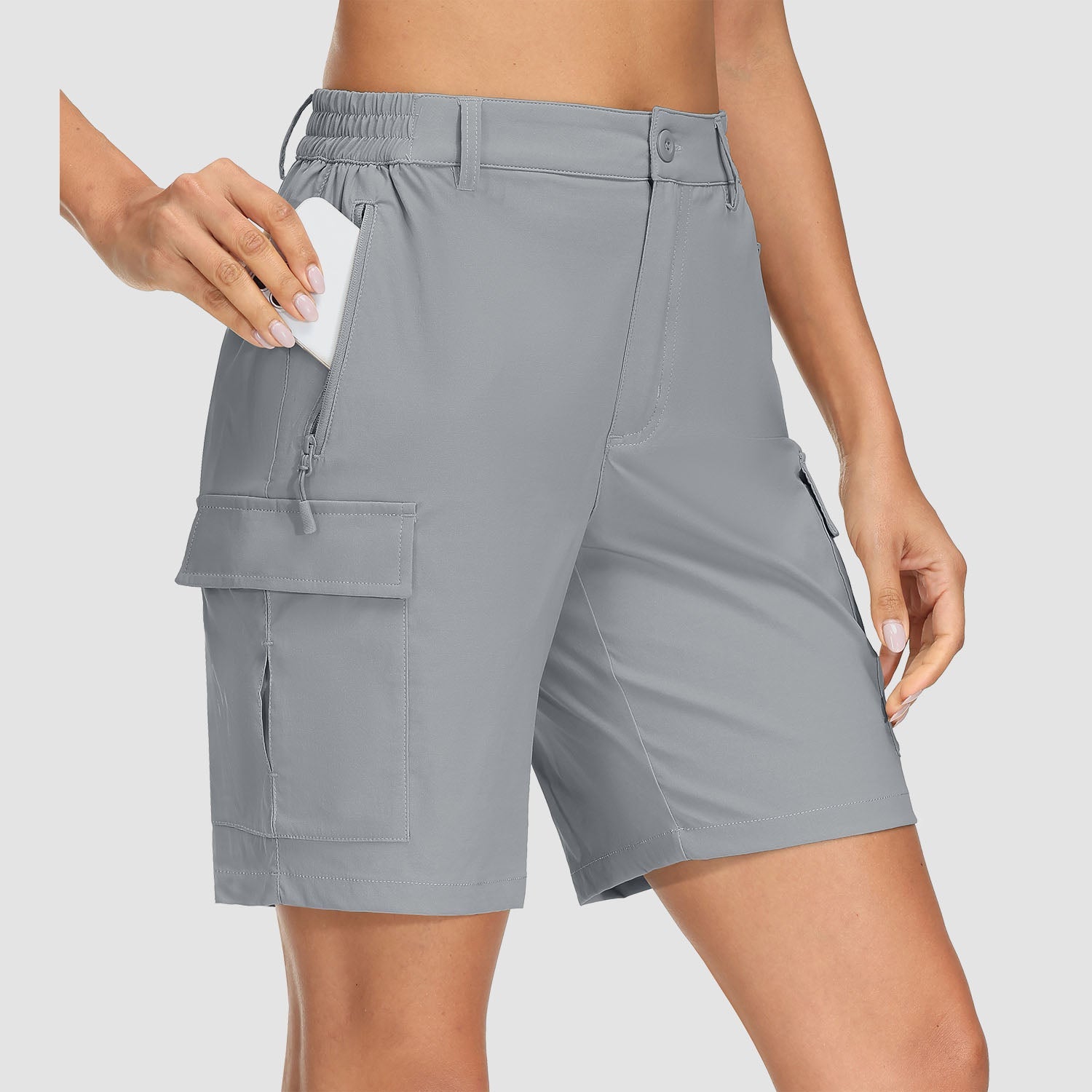 Women's khaki ripstop cargo shorts quick-dry 5-pocket design for hiking and travel