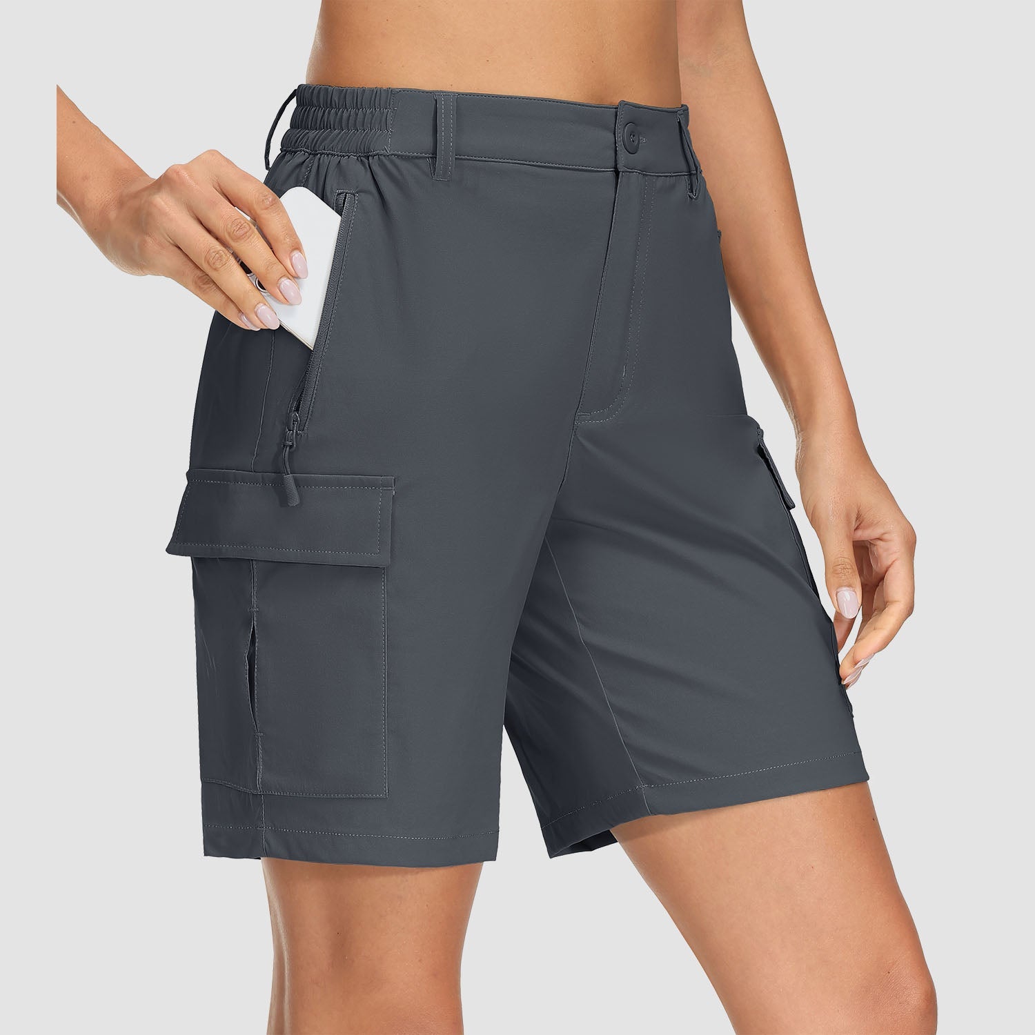 Women's khaki ripstop cargo shorts quick-dry 5-pocket design for hiking and travel