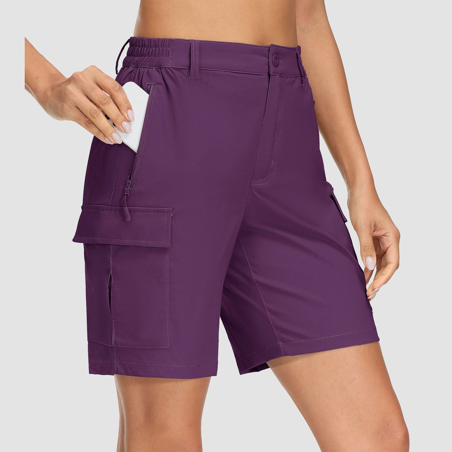 Women's khaki ripstop cargo shorts quick-dry 5-pocket design for hiking and travel