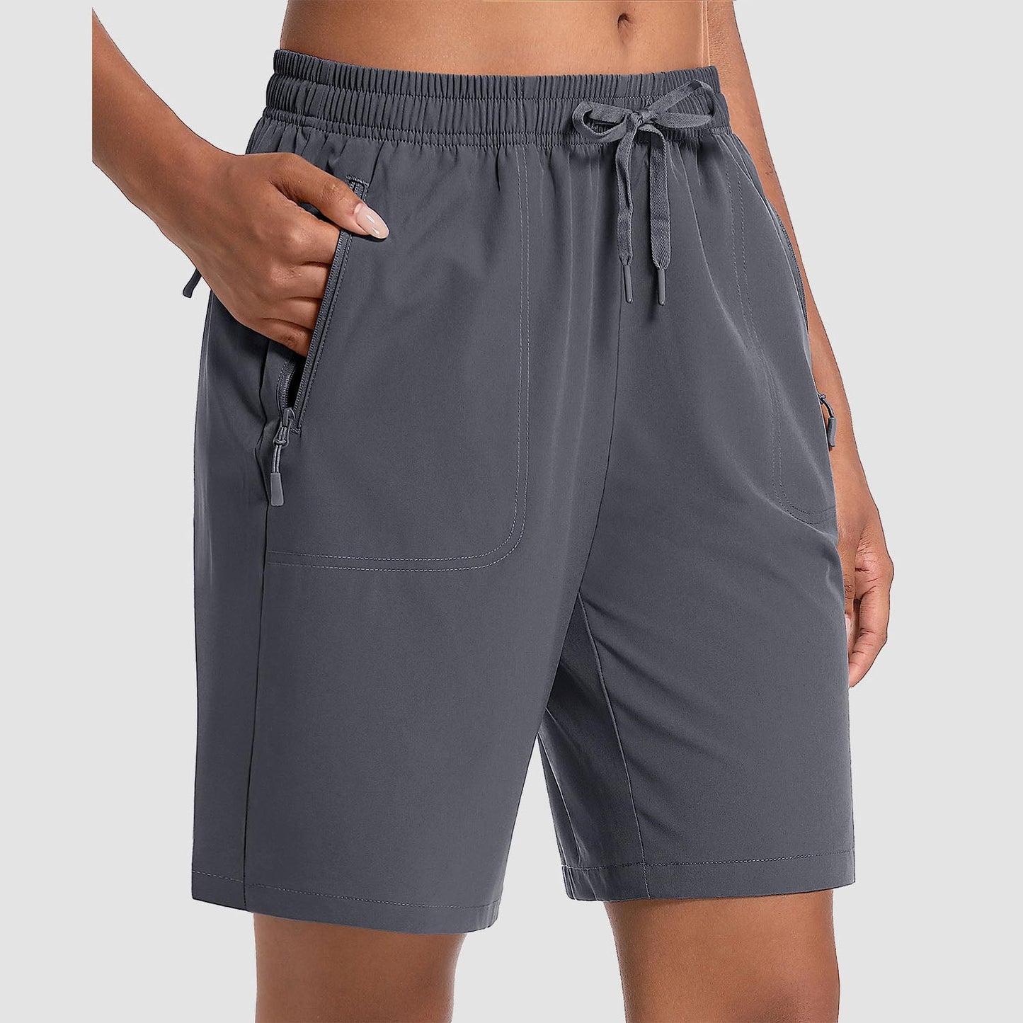 Women's lightweight quick-dry hiking shorts, breathable water-resistant fabric with 3 zip pockets