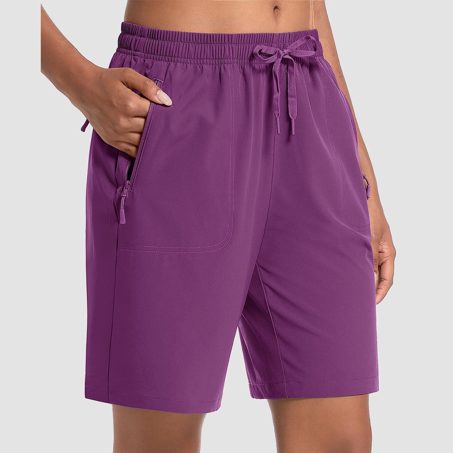Women's lightweight quick-dry hiking shorts, breathable water-resistant fabric with 3 zip pockets