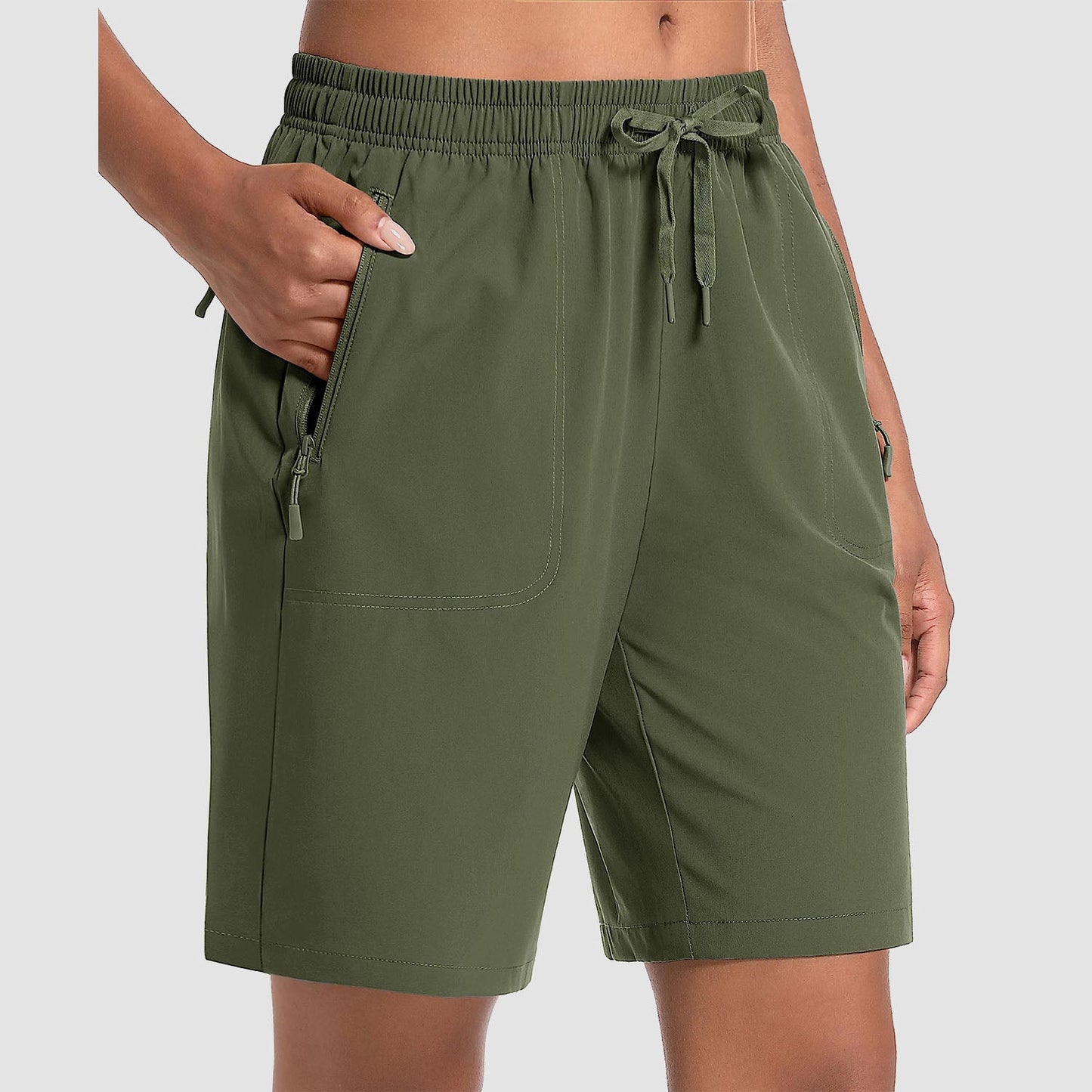 Women's lightweight quick-dry hiking shorts, breathable water-resistant fabric with 3 secure zip pockets
