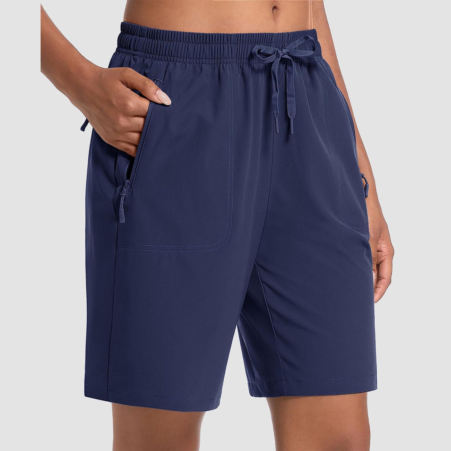 Women's lightweight quick-dry hiking shorts, breathable water-resistant fabric with 3 zip pockets
