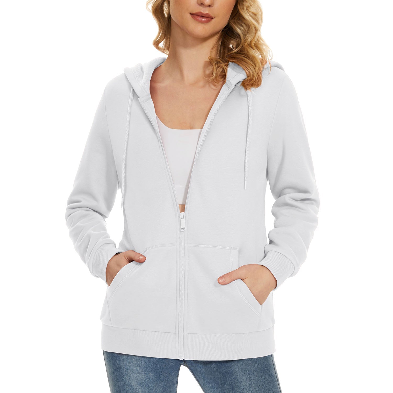 Women's hooded full-zip fleece jacket windproof polyester-cotton blend with pockets fall winter