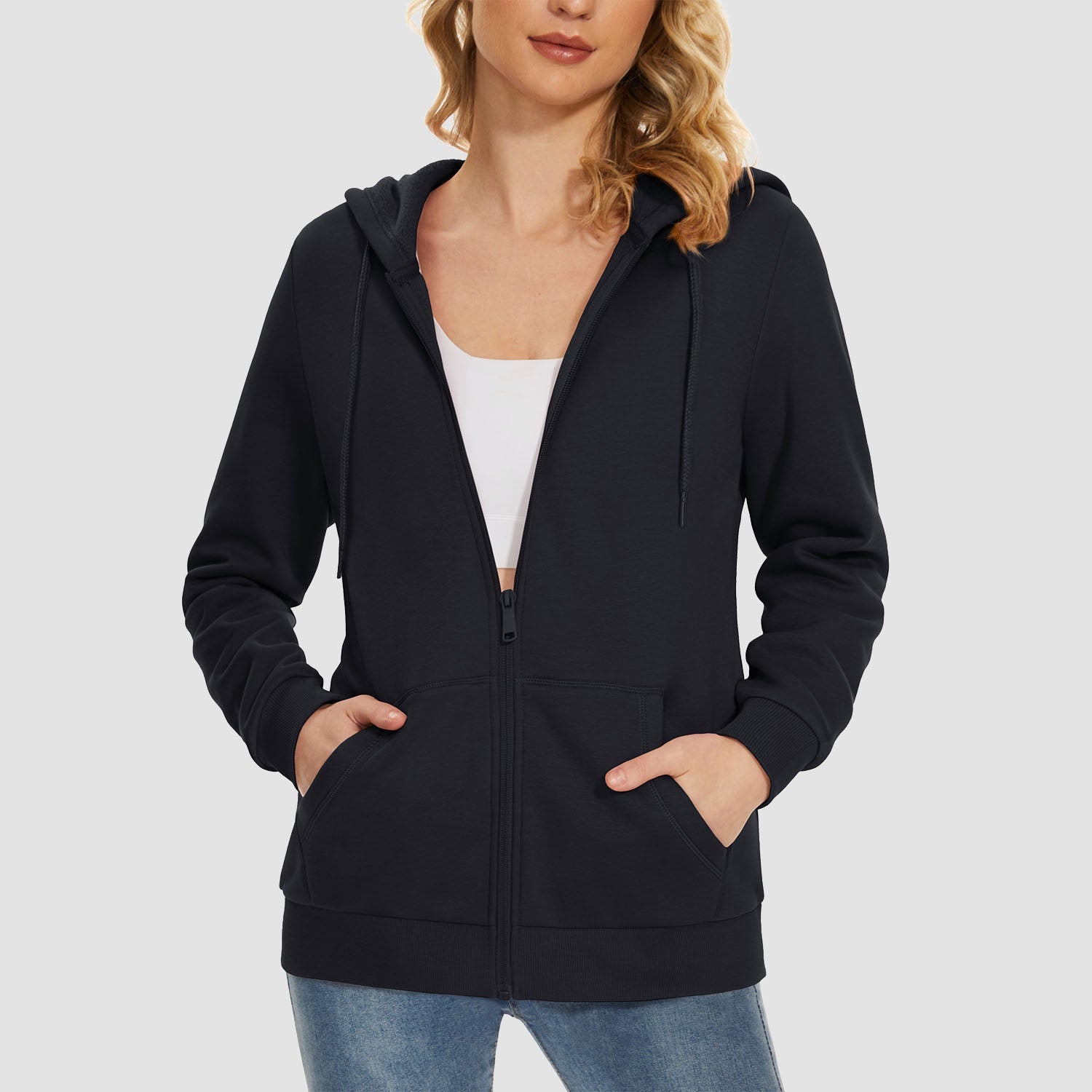 Women's hooded full-zip fleece jacket windproof warm polyester-cotton blend with pockets