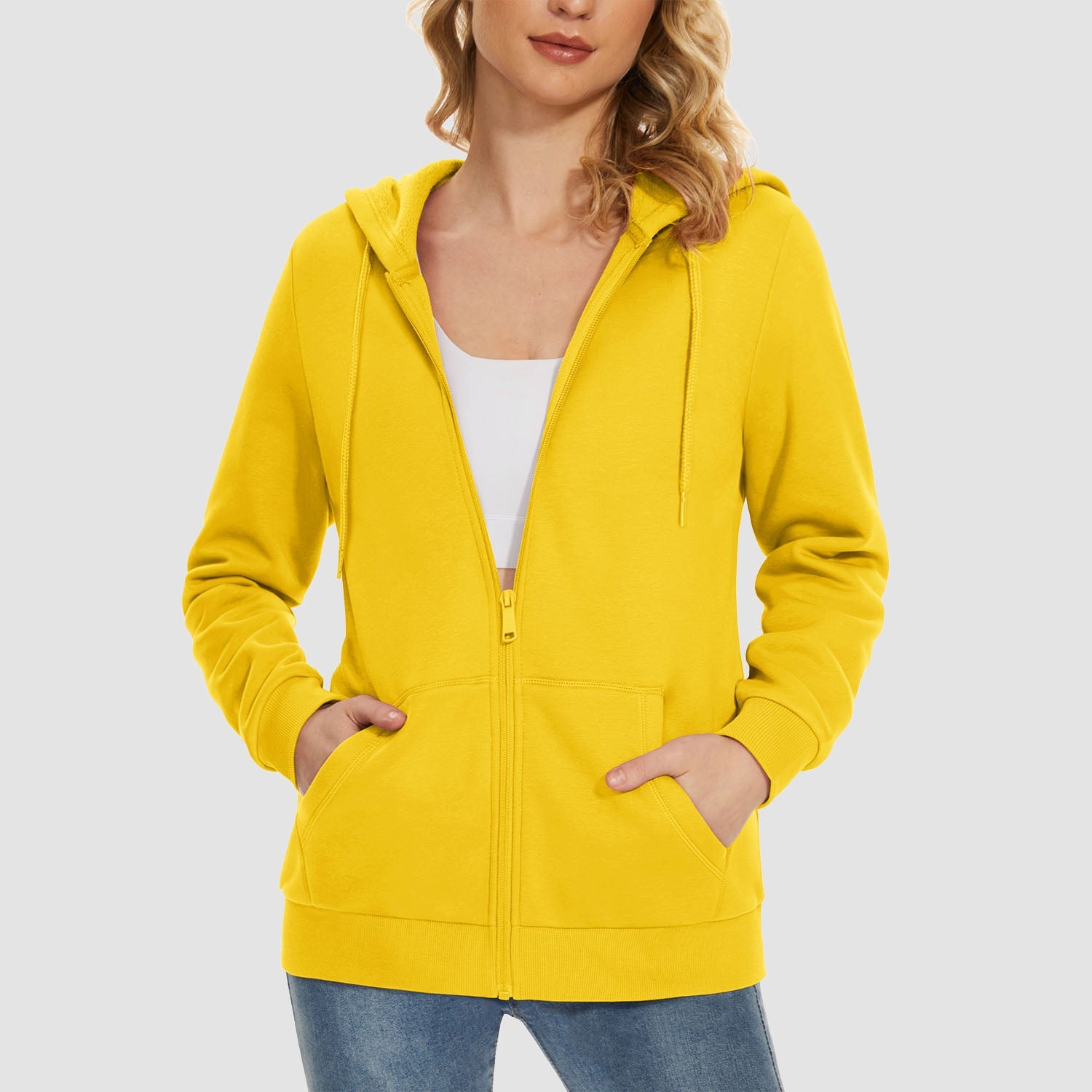 Women's hooded full-zip fleece jacket windproof pockets soft stretch knit autumn winter layering