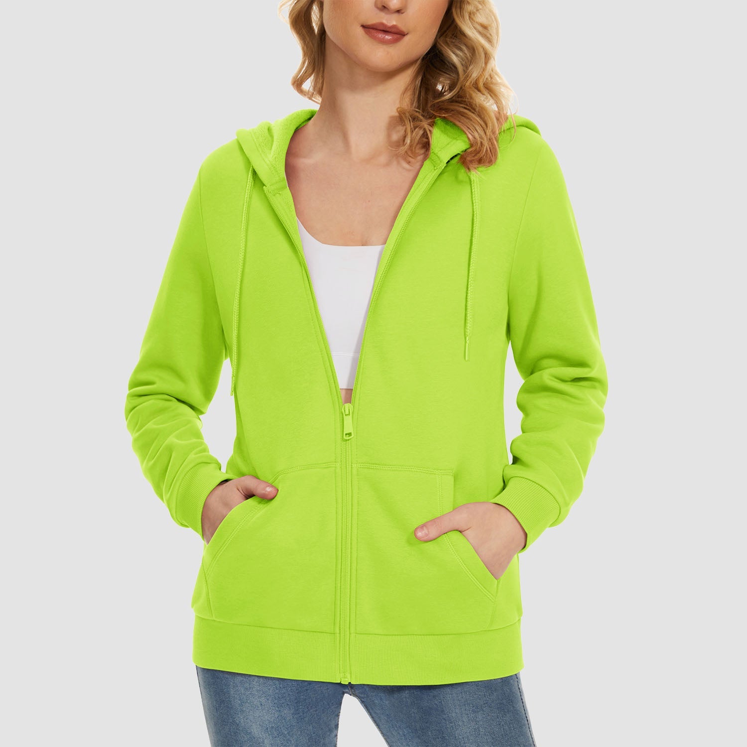 Women's hooded full-zip fleece jacket windproof cozy fit with pockets polyester-cotton blend