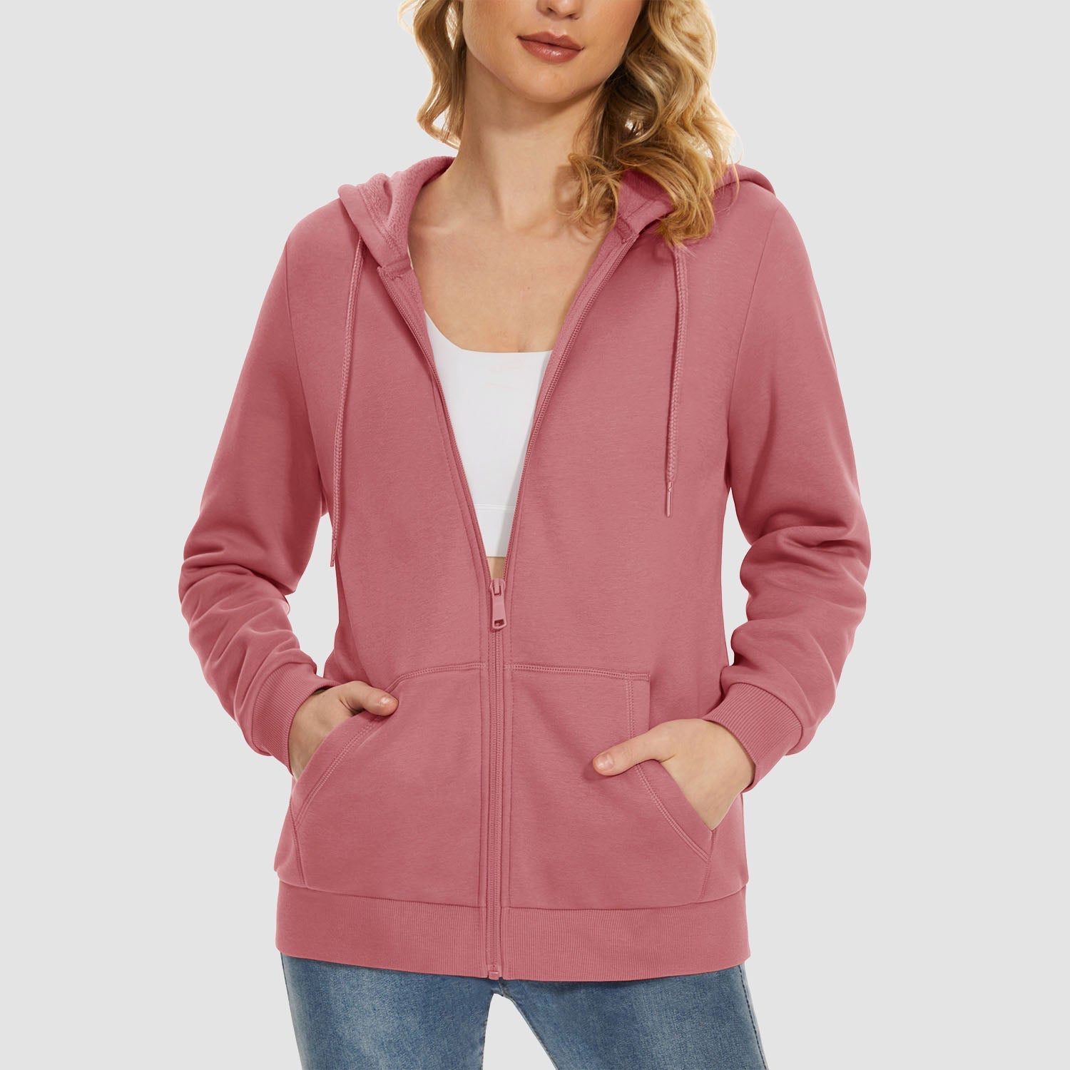 Women's hooded full-zip fleece jacket windproof pockets polyester-cotton blend autumn winter warmth