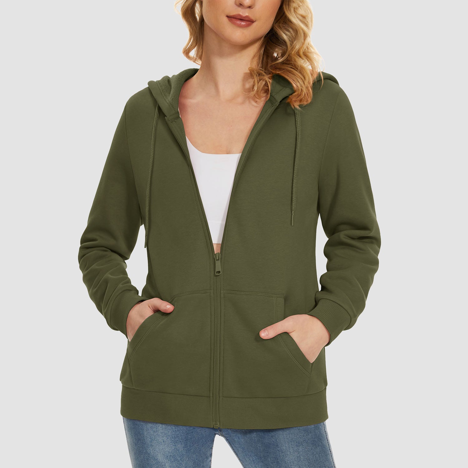 Women's hooded full-zip fleece jacket windproof polyester-cotton blend with pockets for fall winter