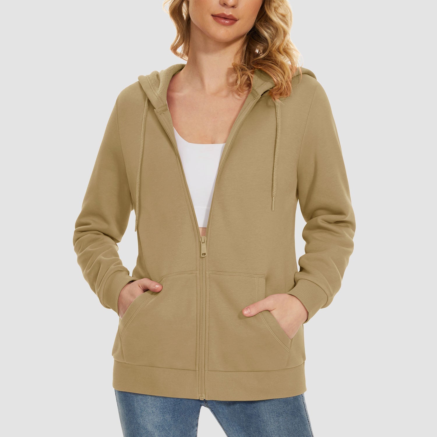 Women's hooded full-zip fleece jacket windproof stretch poly-cotton blend with pockets