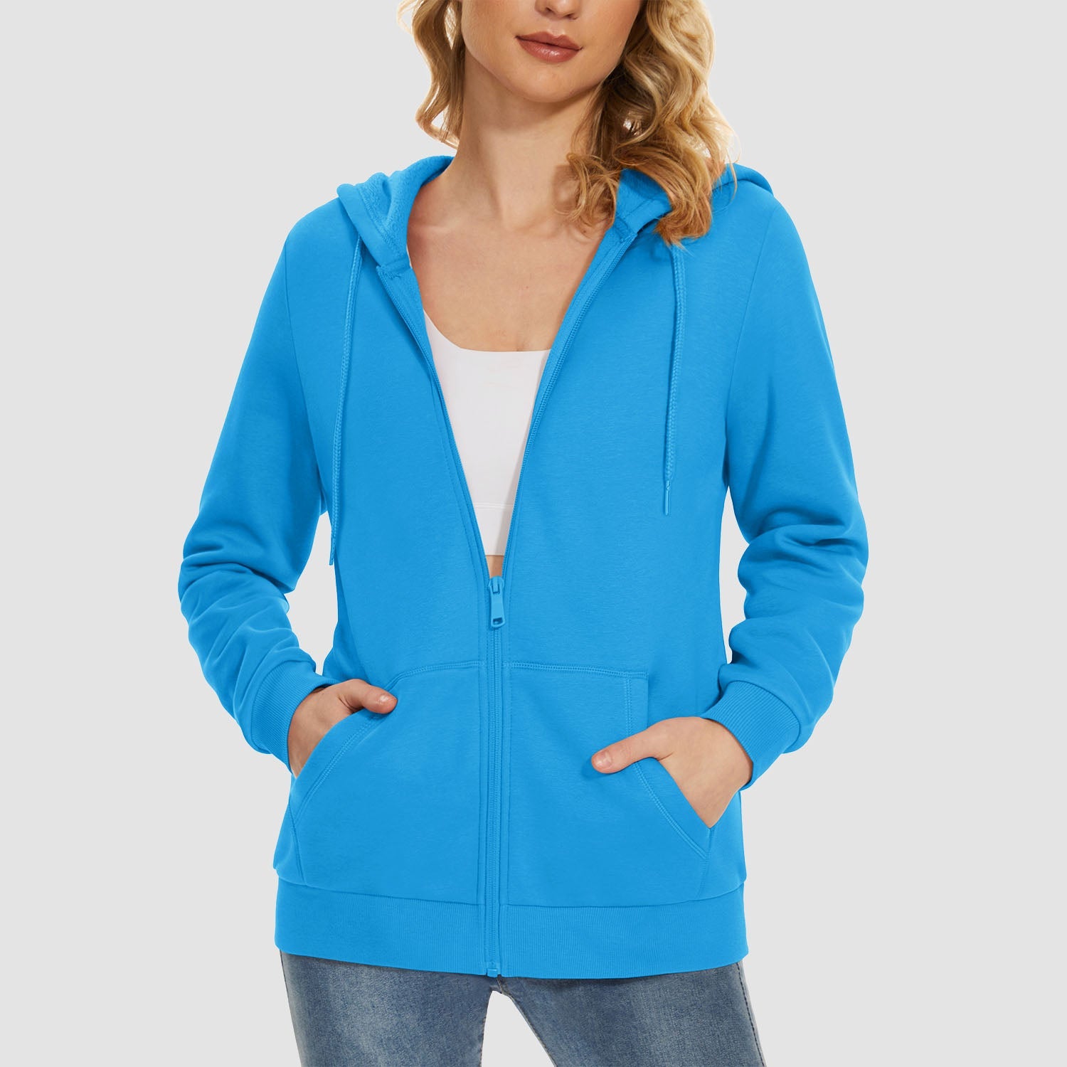 Women's hooded full-zip fleece jacket windproof stretch knit with pockets for autumn winter