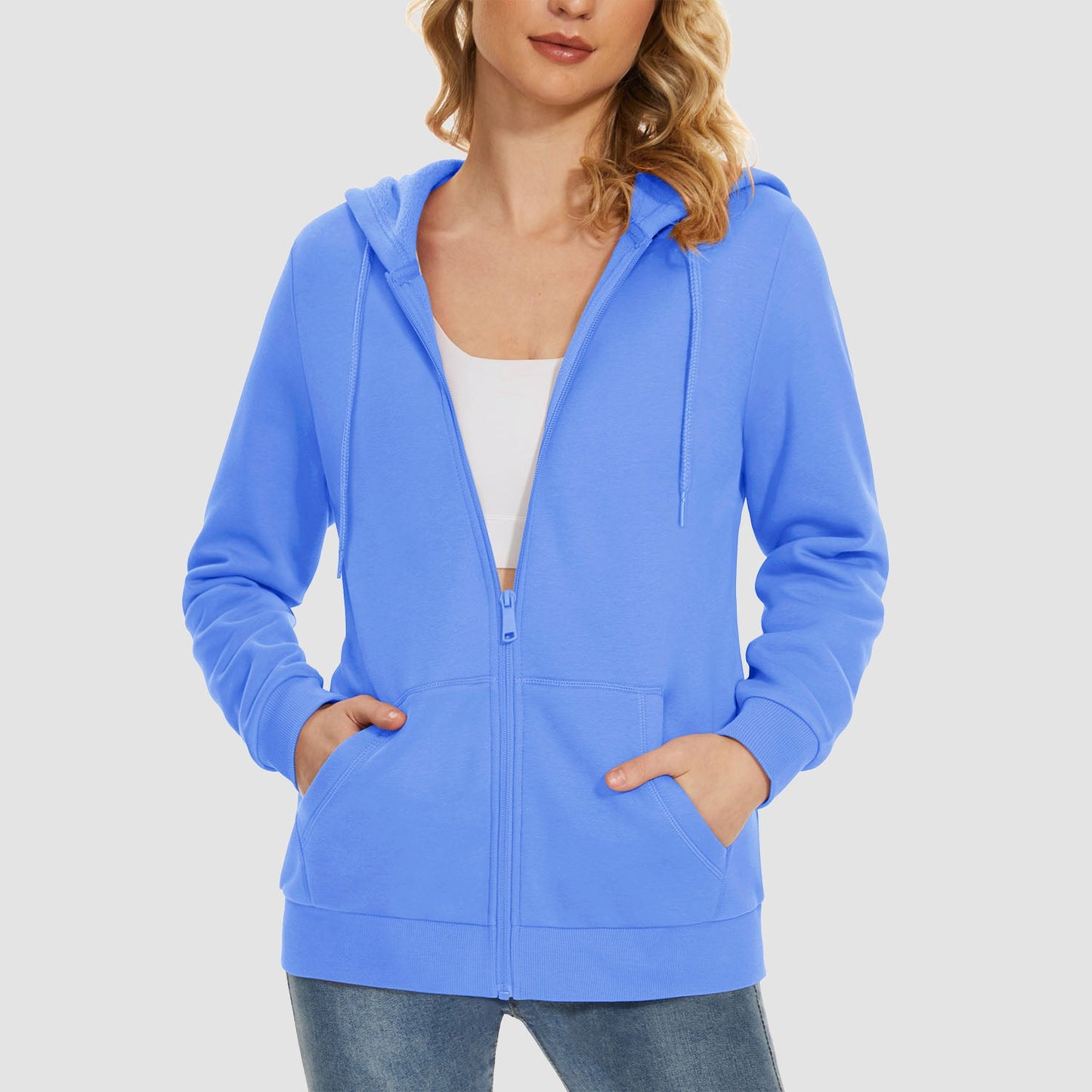 Women's hooded full-zip fleece jacket windproof warm pockets polyester-cotton blend autumn winter