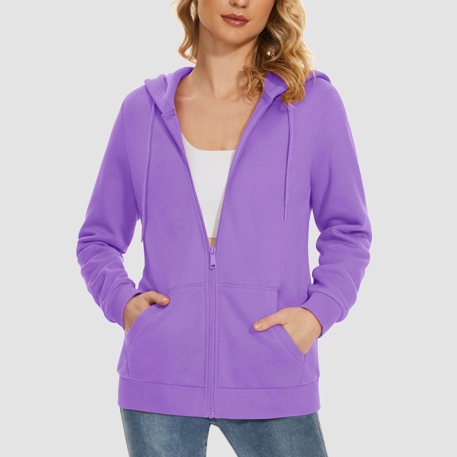 Women's hooded full-zip fleece jacket windproof polyester-cotton blend with pockets for fall winter