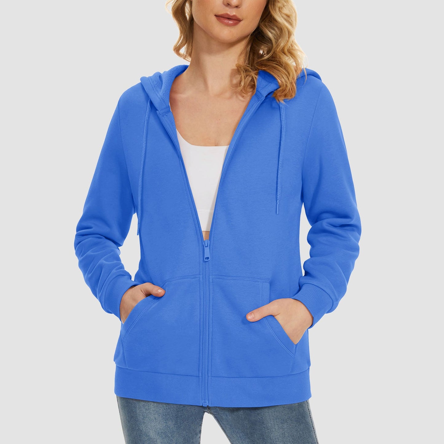 Women's hooded full-zip fleece jacket windproof cozy fit with pockets polyester-cotton blend