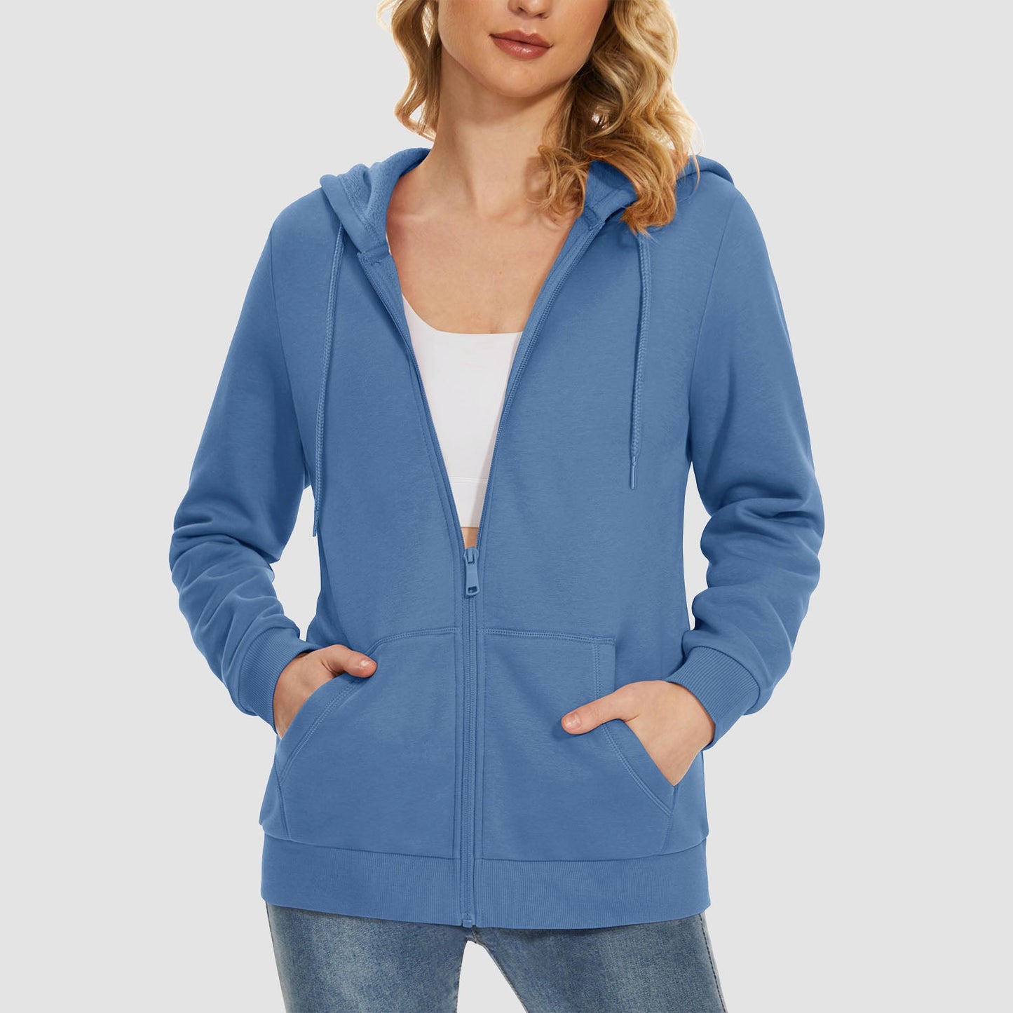 Women's hooded full-zip fleece jacket windproof polyester-cotton blend with side pockets for fall winter