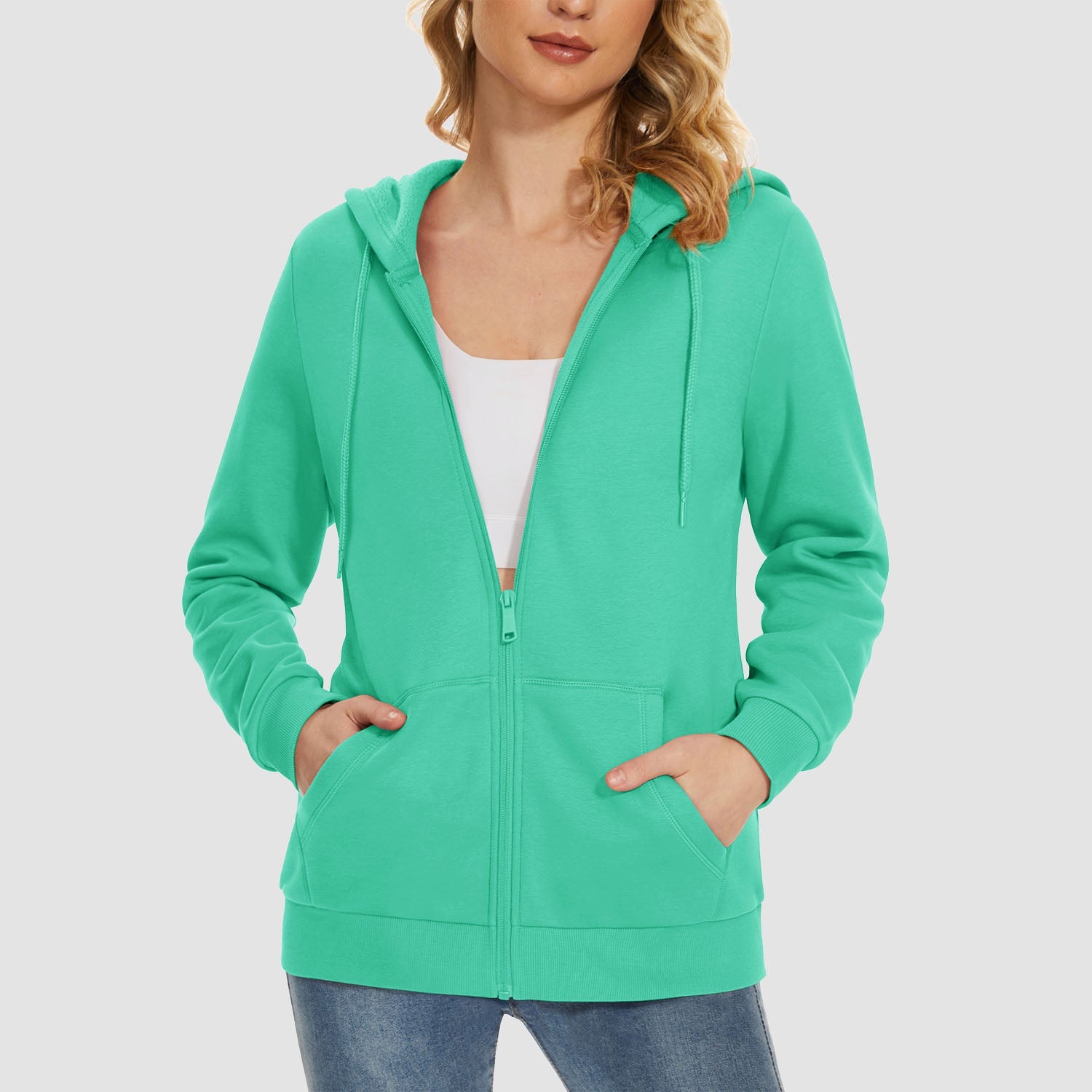 Women's hooded full-zip fleece jacket windproof warm pockets polyester-cotton blend fall winter