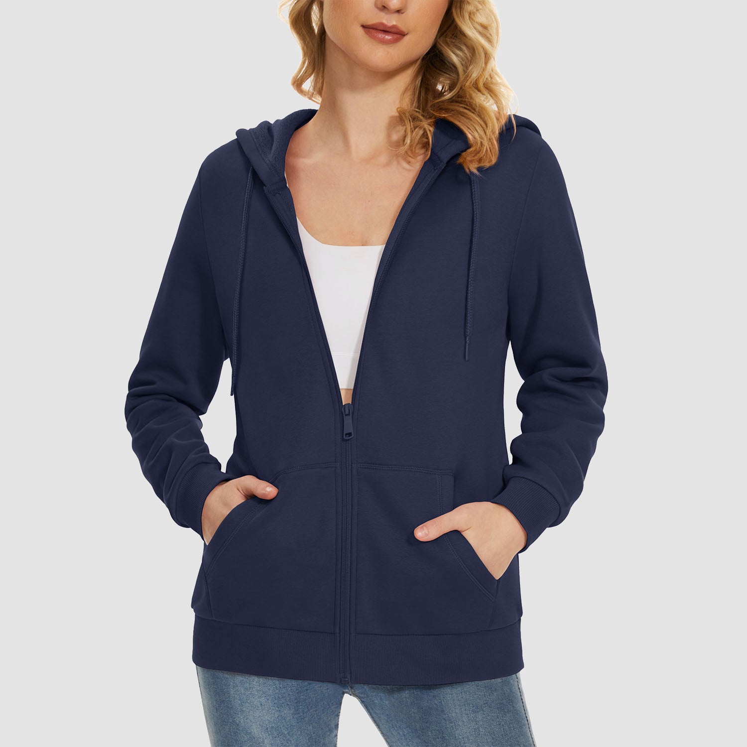 Women's hooded full-zip fleece jacket windproof pockets soft stretchy polyester-cotton blend fall winter