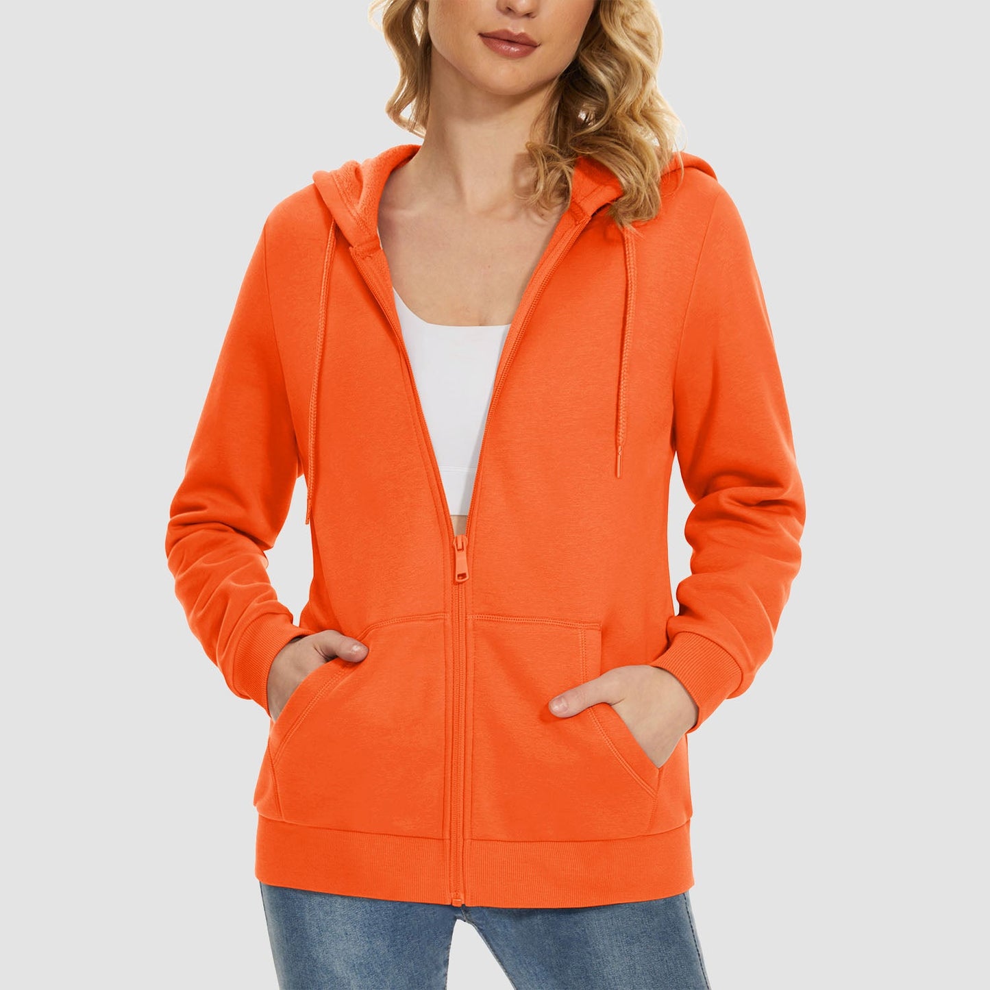 Women's hooded full-zip fleece jacket windproof poly-cotton blend with pockets for fall winter