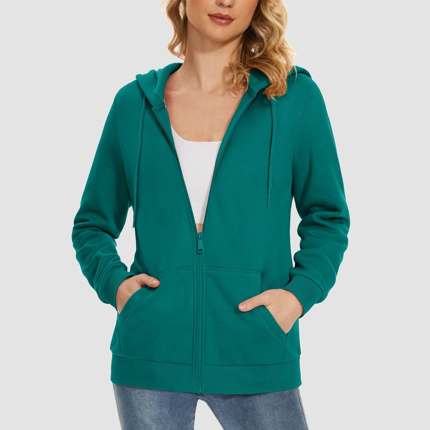 Women's hooded full-zip fleece jacket windproof poly-cotton blend with pockets for fall winter