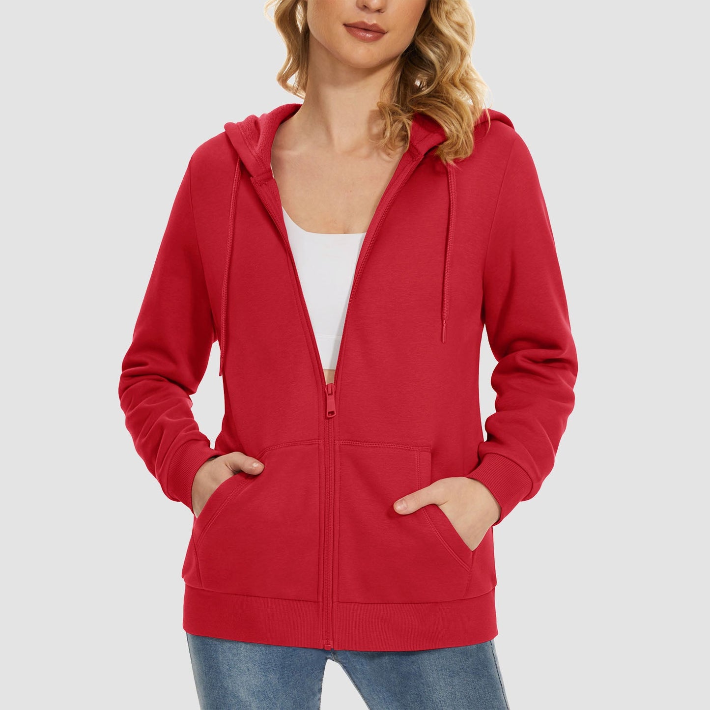 Women's hooded full-zip fleece jacket windproof polyester-cotton blend with pockets for fall winter