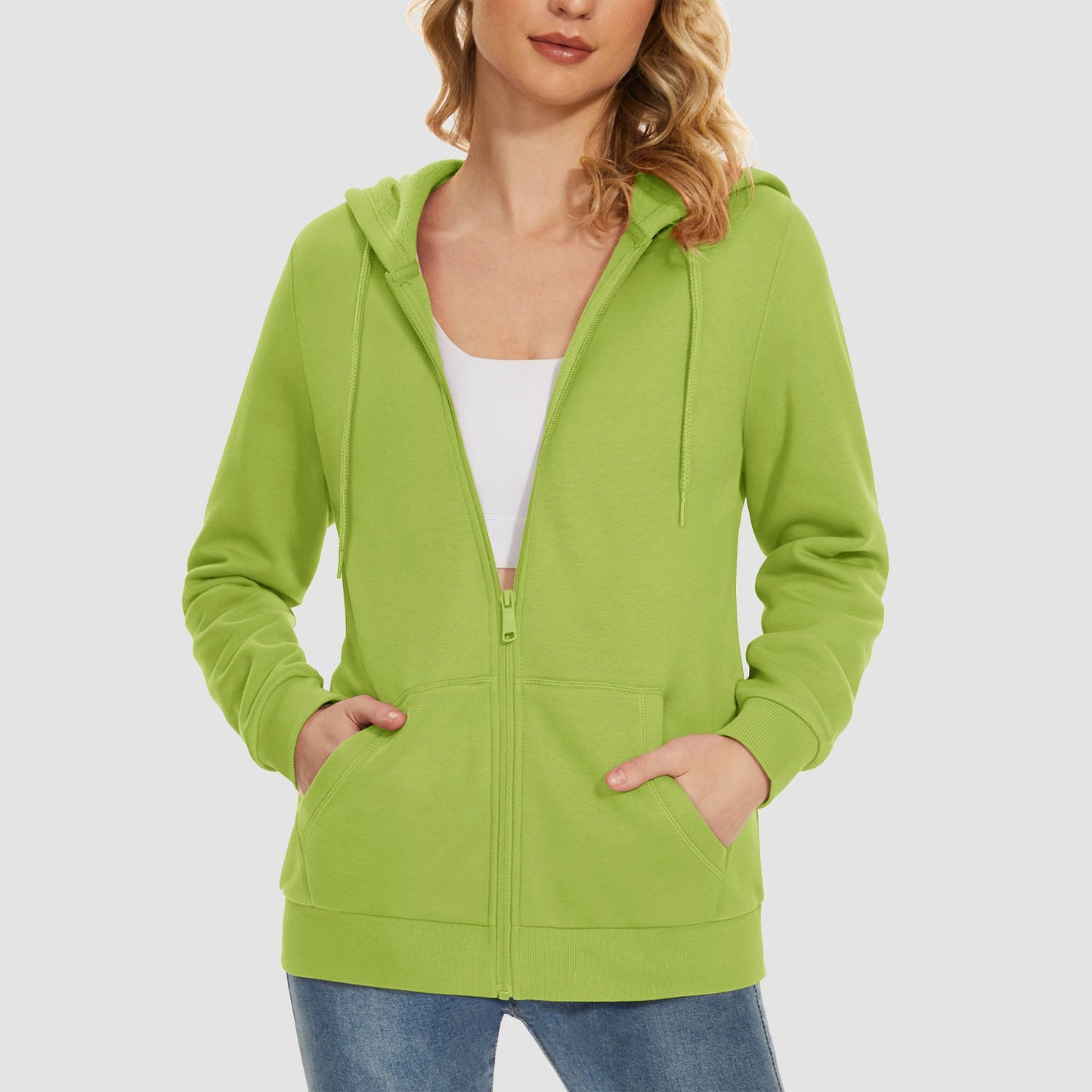 Women's hooded full-zip fleece jacket windproof pockets soft stretch polyester-cotton blend fall winter