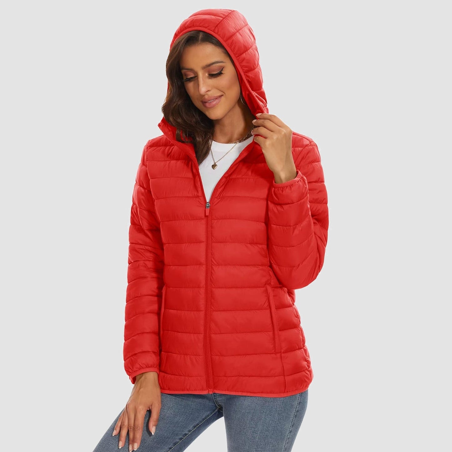 Women's hooded ultra-light puffer jacket full-zip water-resistant windproof packable winter coat