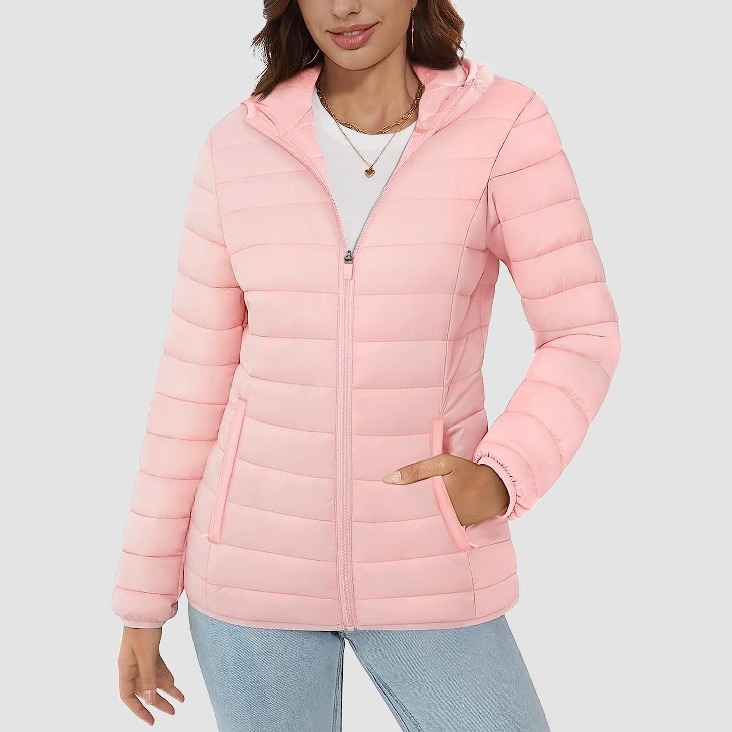 Women's ultralight hooded puffer jacket full-zip water-resistant windproof packable winter coat