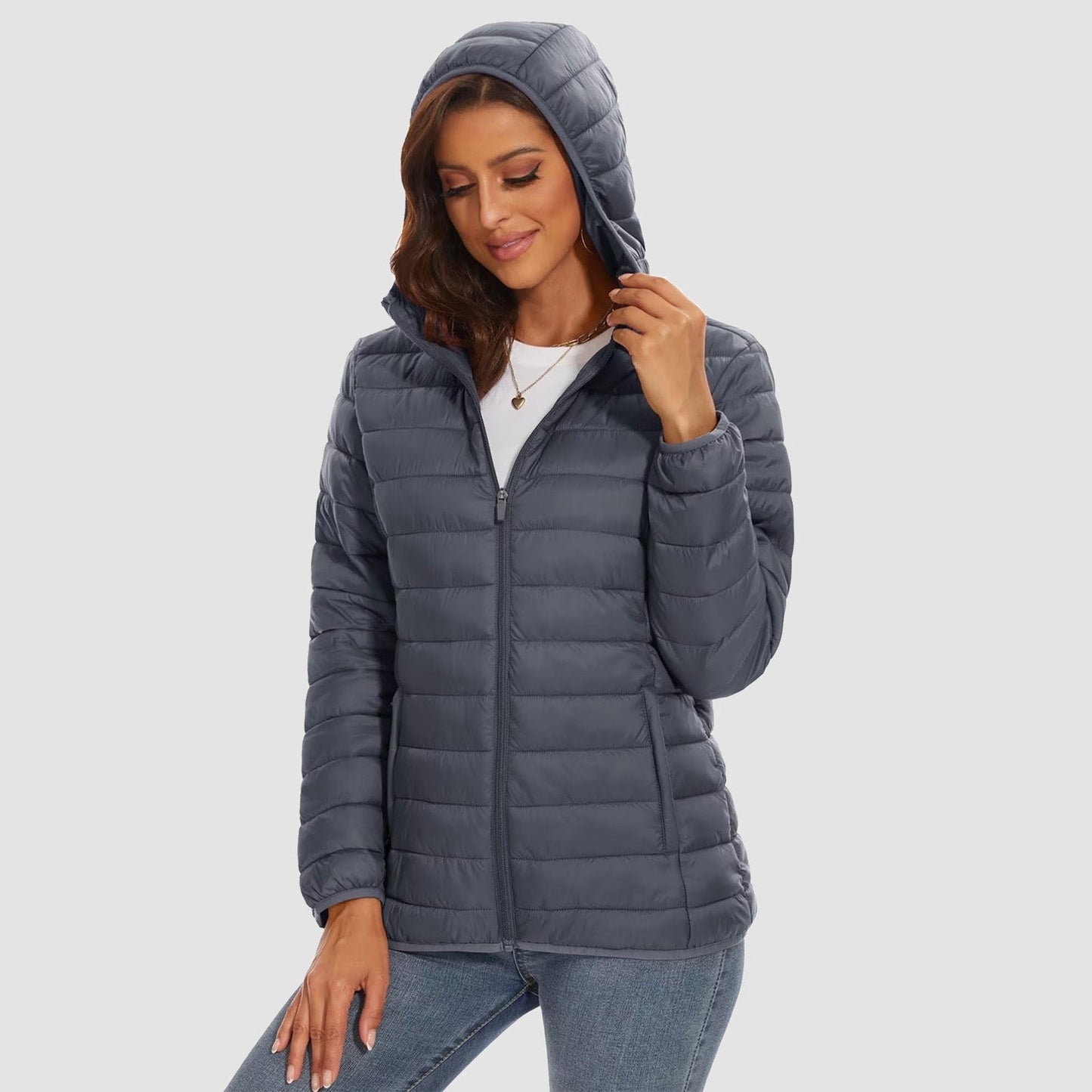 Women's hooded ultra-light puffer jacket full-zip water-resistant windproof packable winter coat