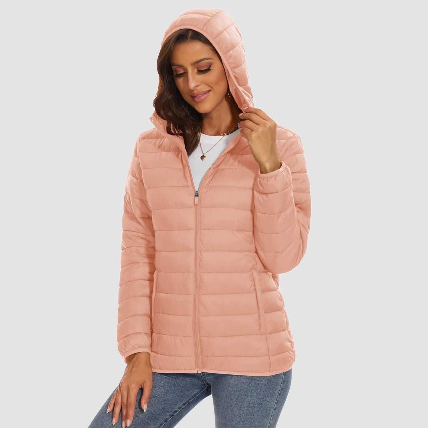 Women's hooded ultra-light puffer jacket full-zip water-resistant windproof packable winter coat